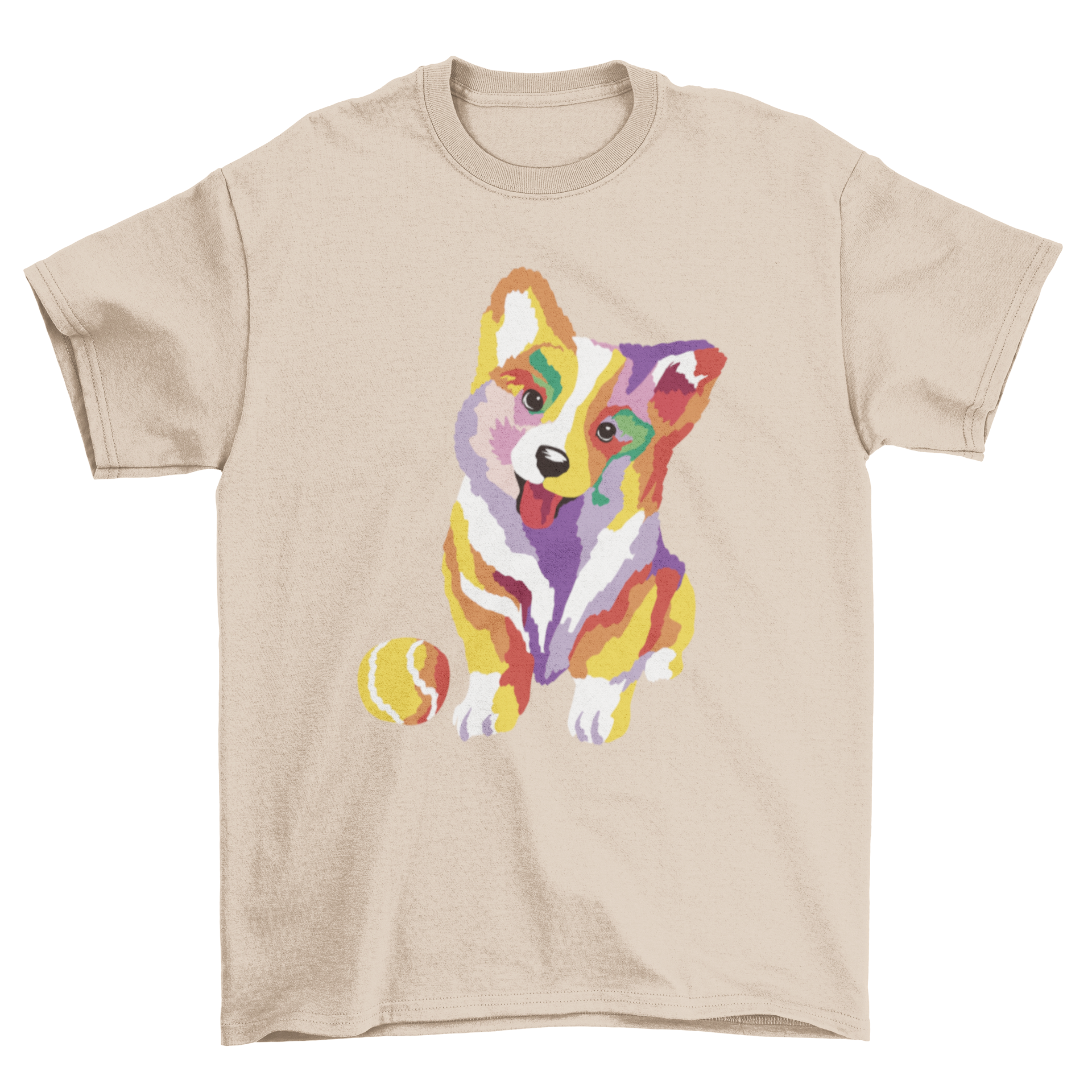Cute baby corgi dog t-shirt featuring a colorful corgi with a ball design, perfect for kids.