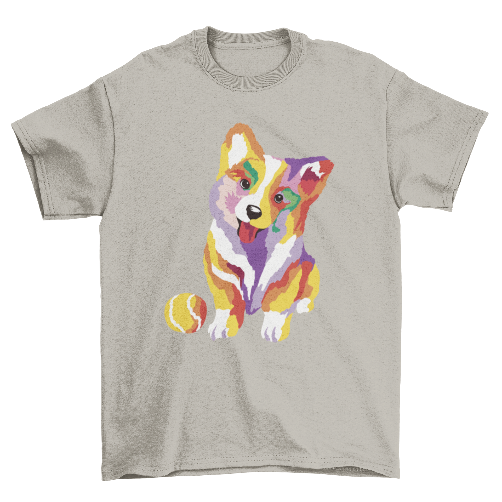 Cute baby corgi dog t-shirt featuring a colorful corgi with a ball design, perfect for kids.