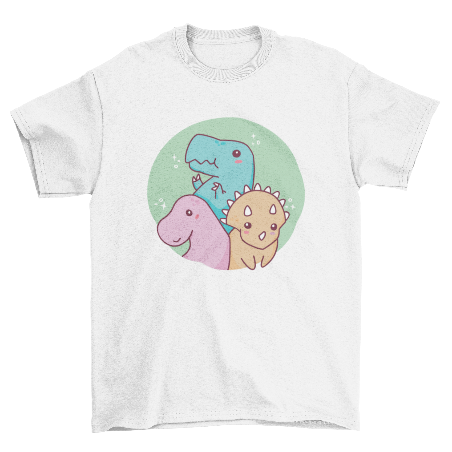 Cute baby dinosaurs t-shirt design featuring three colorful baby dinosaurs in playful poses.