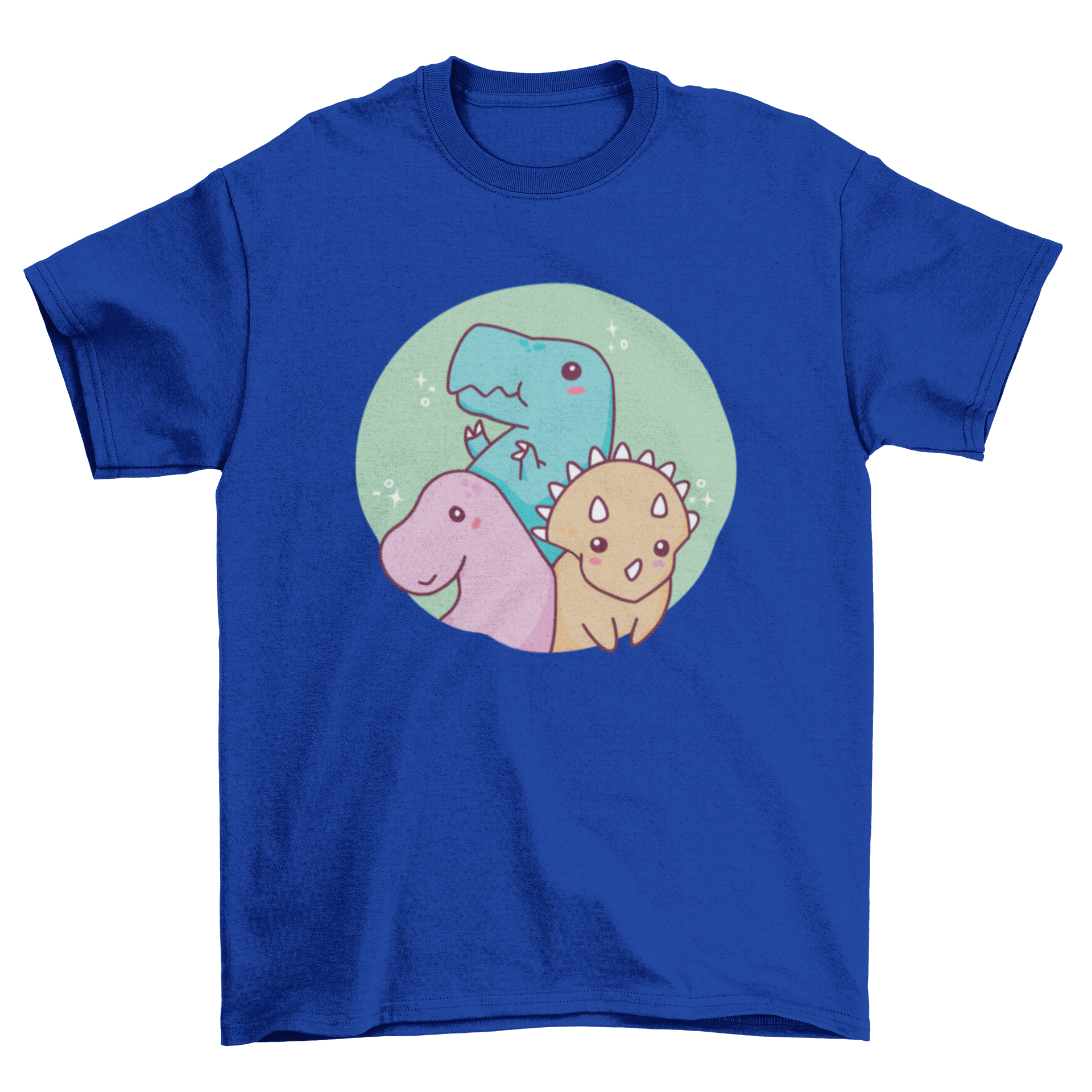 Cute baby dinosaurs t-shirt design featuring three colorful baby dinosaurs in playful poses.