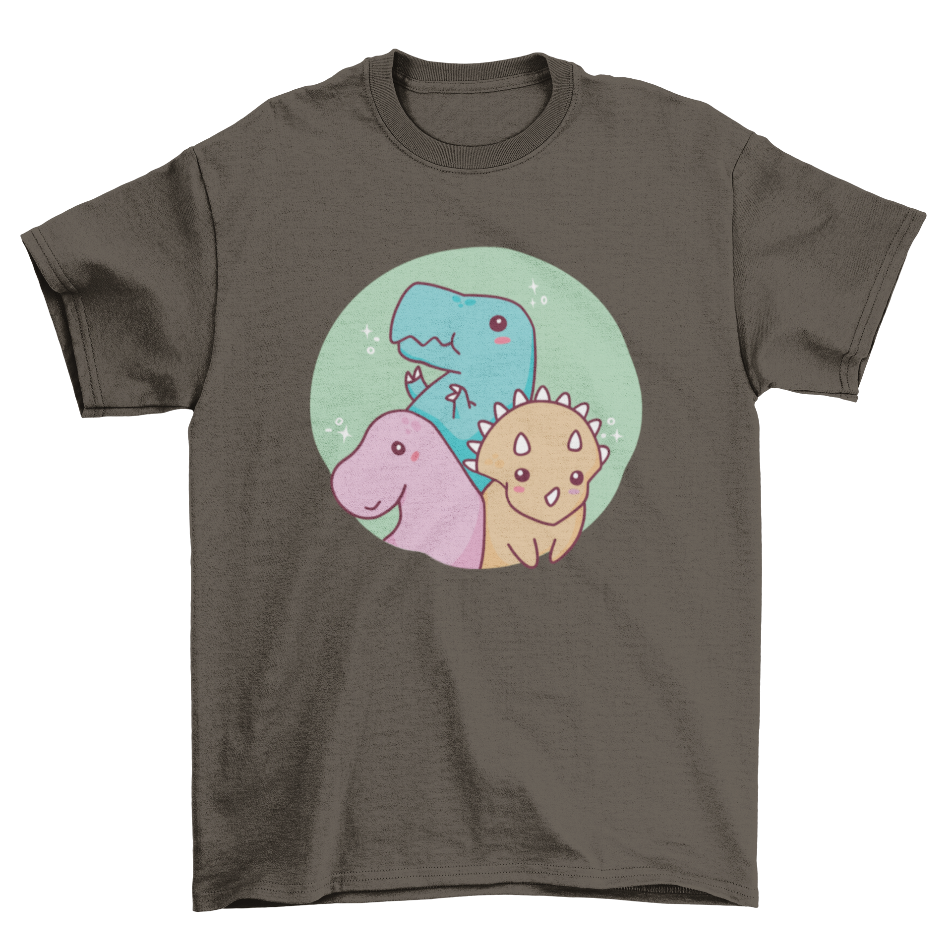 Cute baby dinosaurs t-shirt design featuring three colorful baby dinosaurs in playful poses.