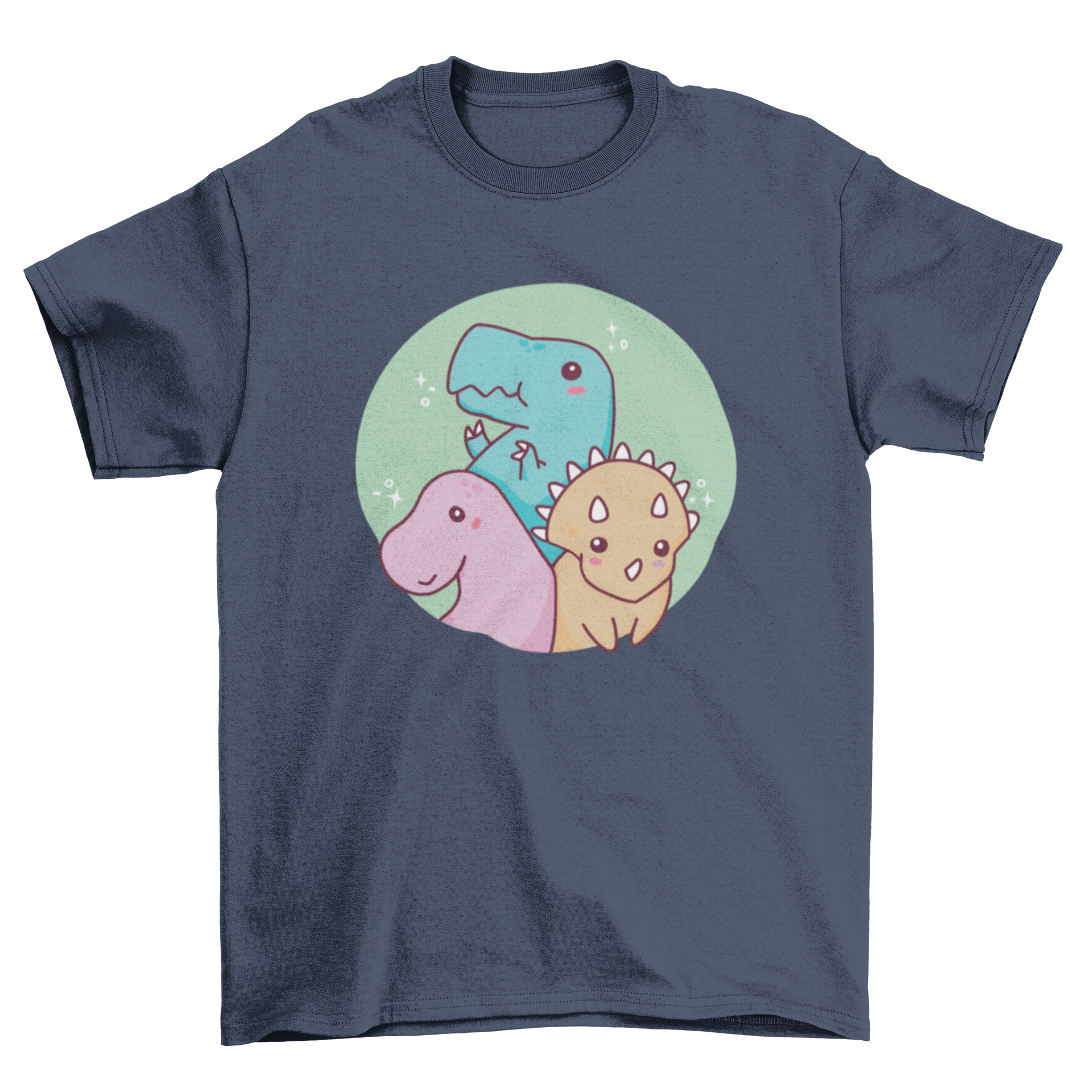 Cute baby dinosaurs t-shirt design featuring three colorful baby dinosaurs in playful poses.