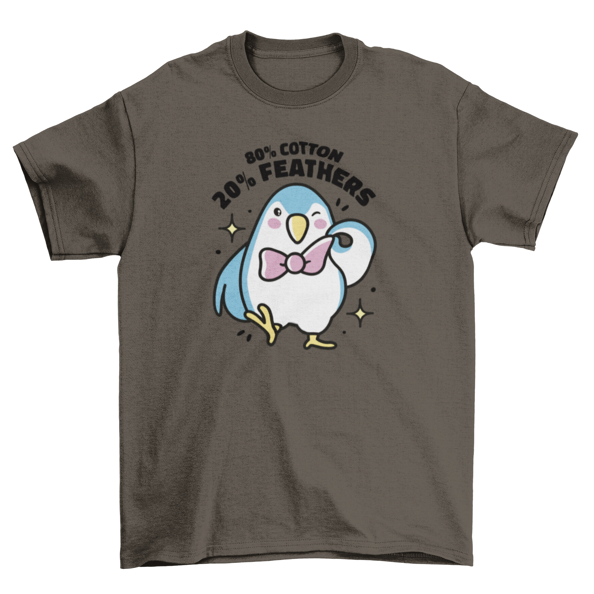 Cute baby penguin wearing a stylish bowtie on a t-shirt, featuring a humorous quote.