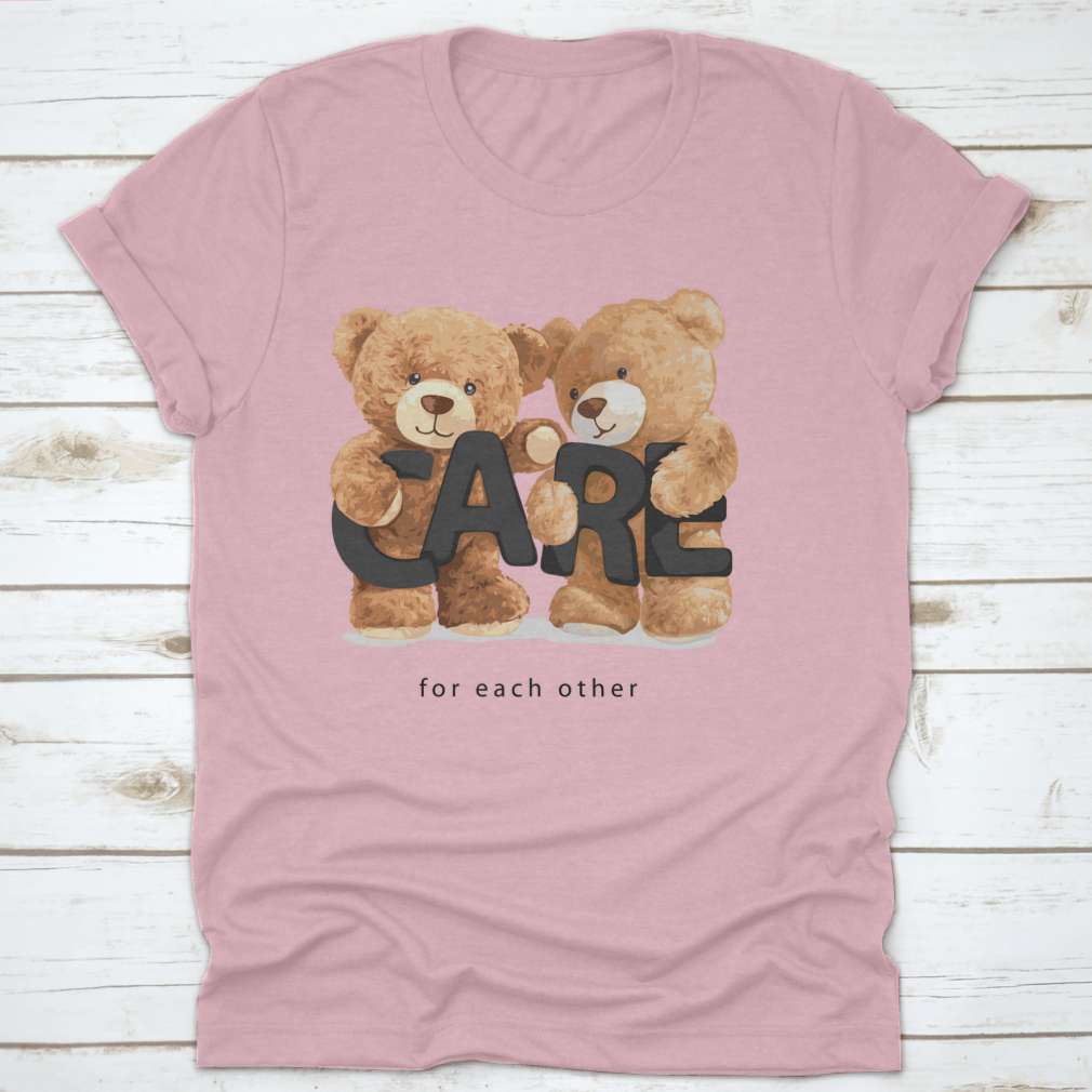 Cute bear doll friends illustration with a caring slogan, showcasing their adorable features and vibrant colors.