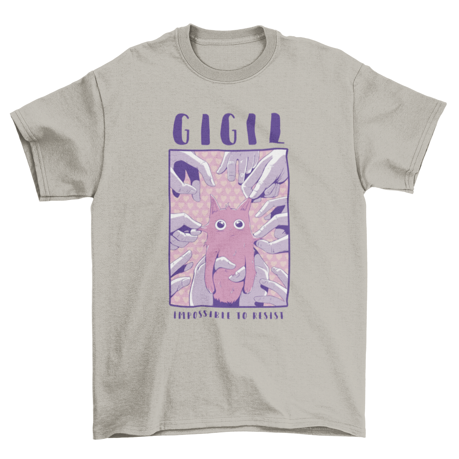 Cute cartoon t-shirt featuring a cat and hands design, perfect for cat lovers.