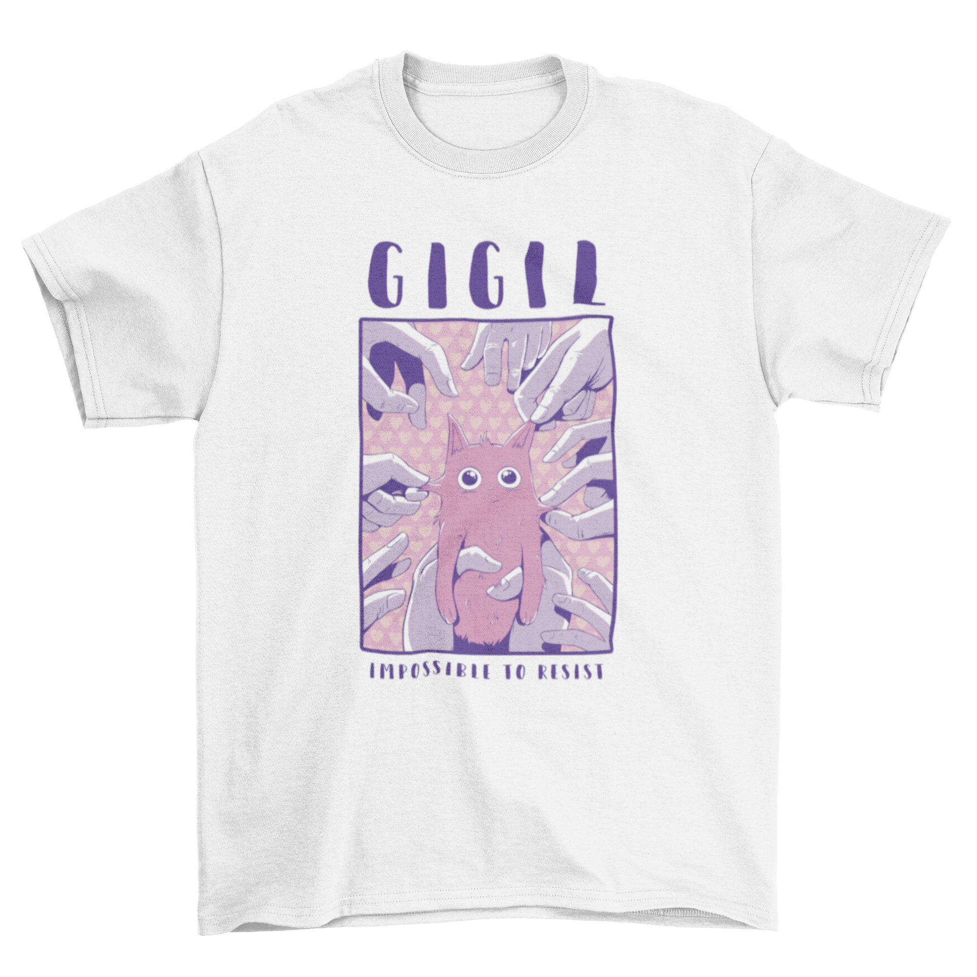 Cute cartoon t-shirt featuring a cat and hands design, perfect for cat lovers.