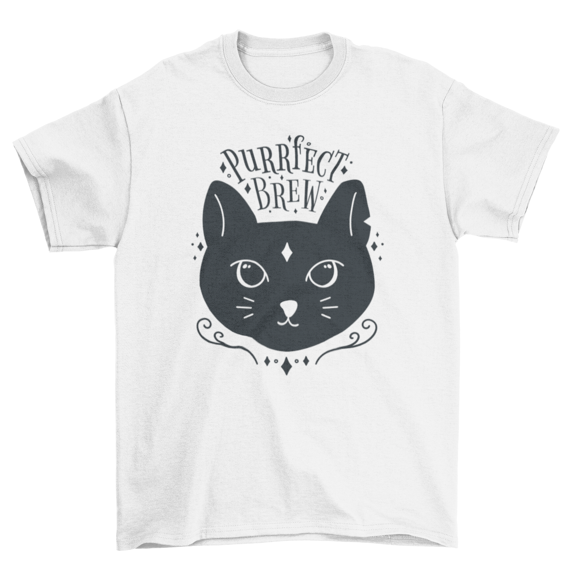 Cute black cat t-shirt featuring the quote 'Purrfect brew' in a stylish design.