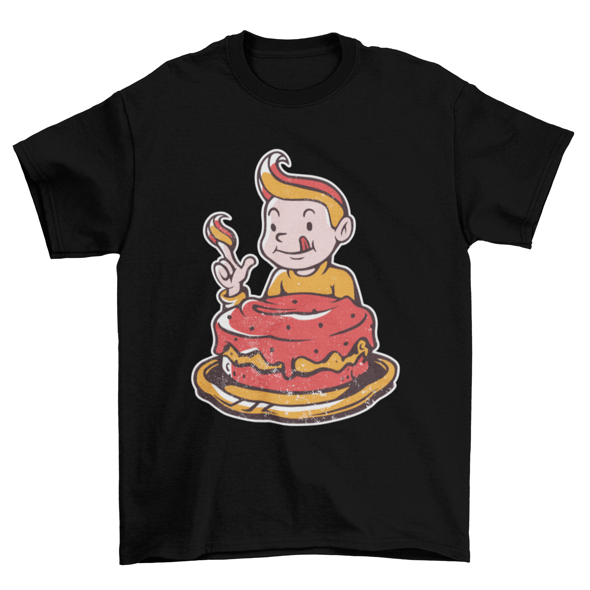 Cute cartoon boy happily eating a slice of cake on a t-shirt.