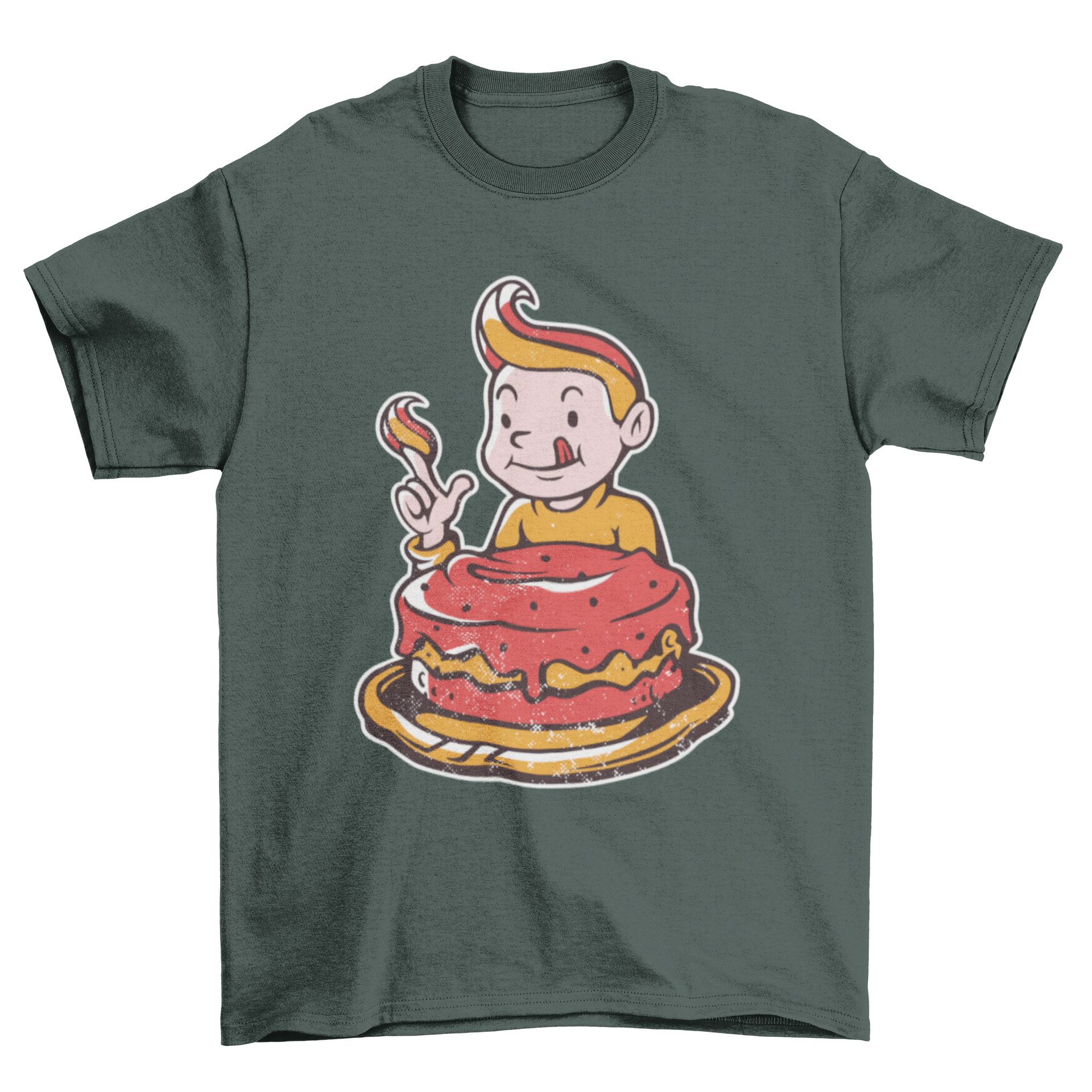Cute cartoon boy happily eating a slice of cake on a t-shirt.