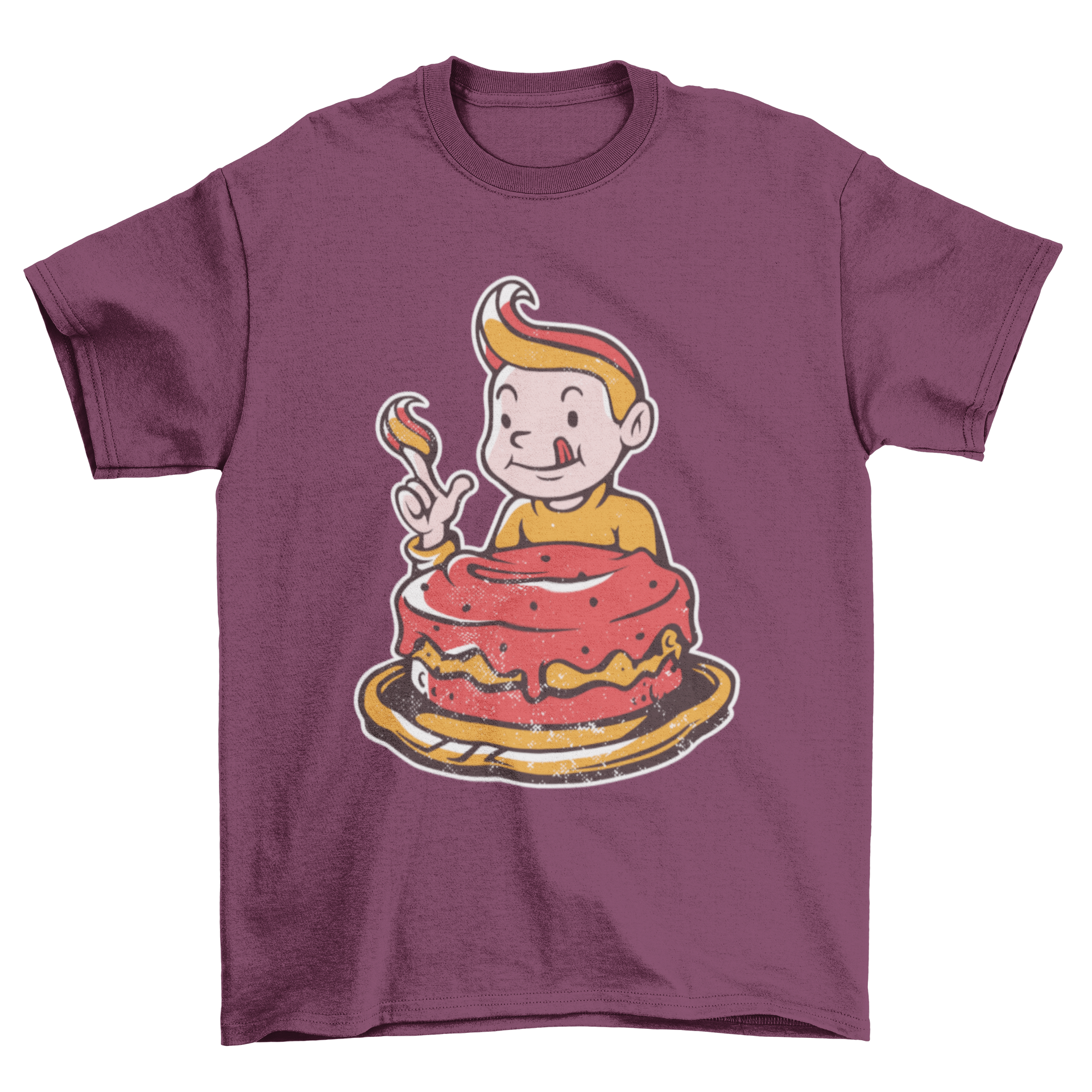 Cute cartoon boy happily eating a slice of cake on a t-shirt.