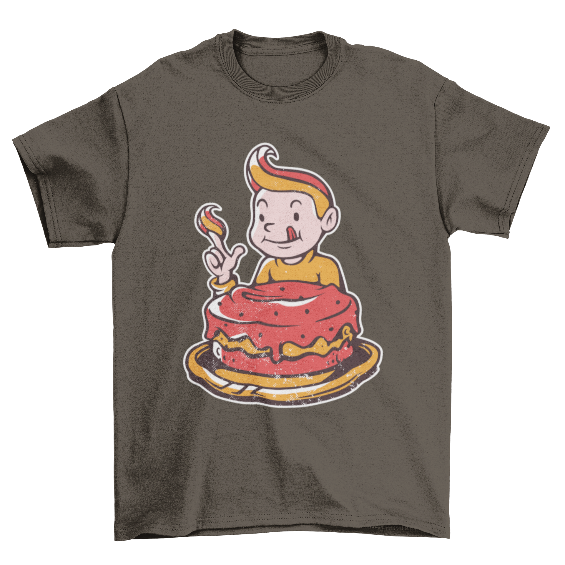 Cute cartoon boy happily eating a slice of cake on a t-shirt.