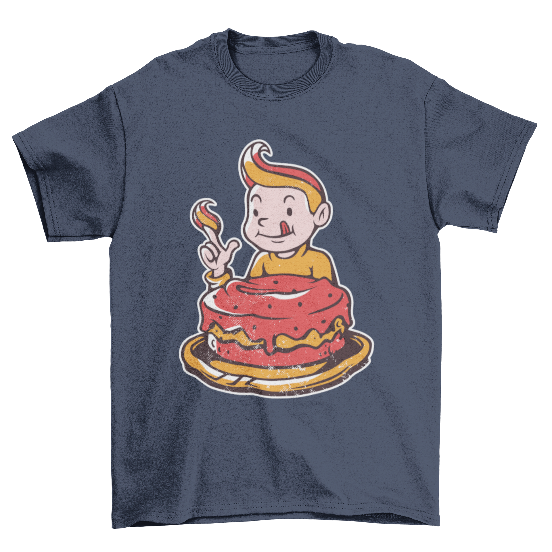 Cute cartoon boy happily eating a slice of cake on a t-shirt.