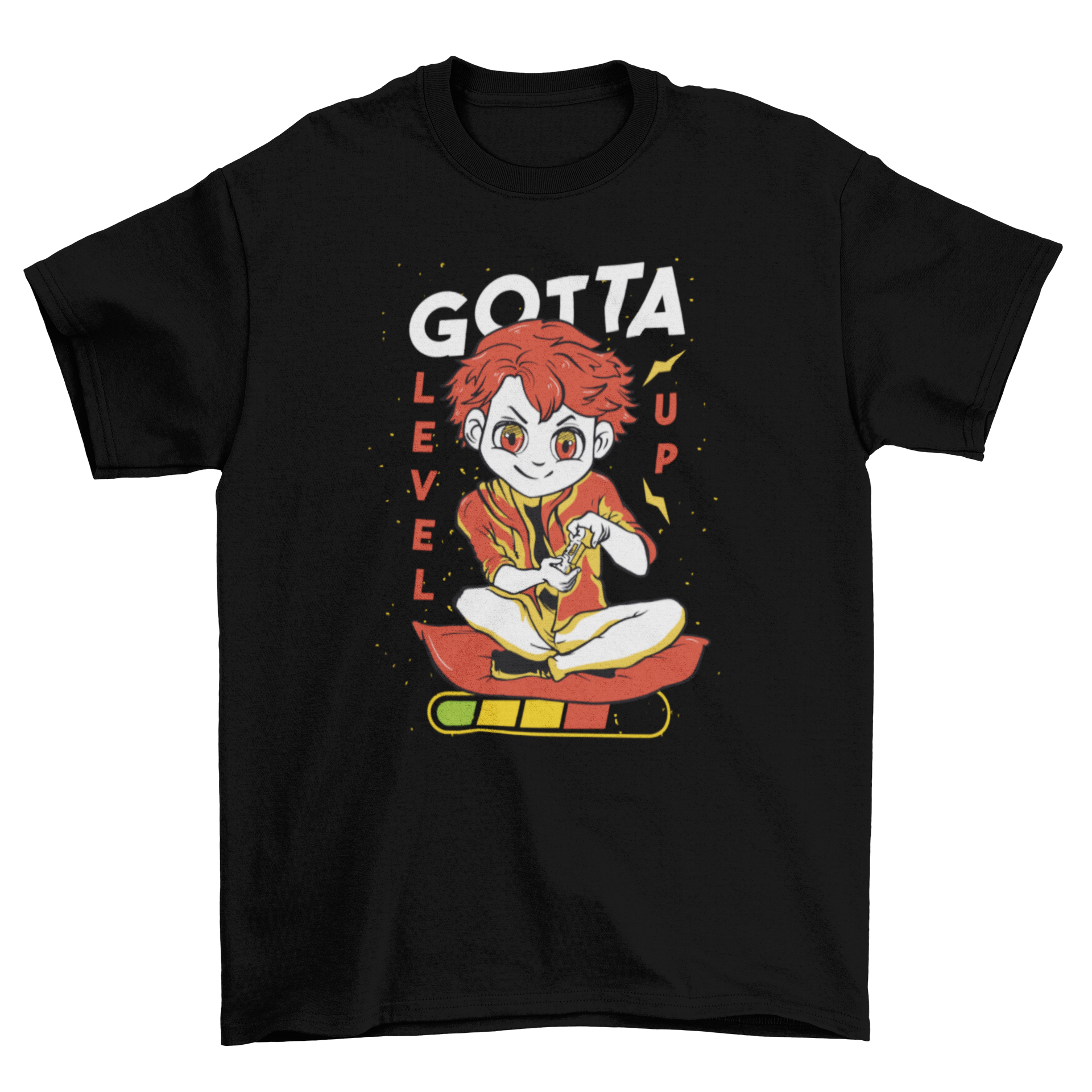 A cute boy playing video games with a joystick, wearing a t-shirt that says 'Gotta level up'.