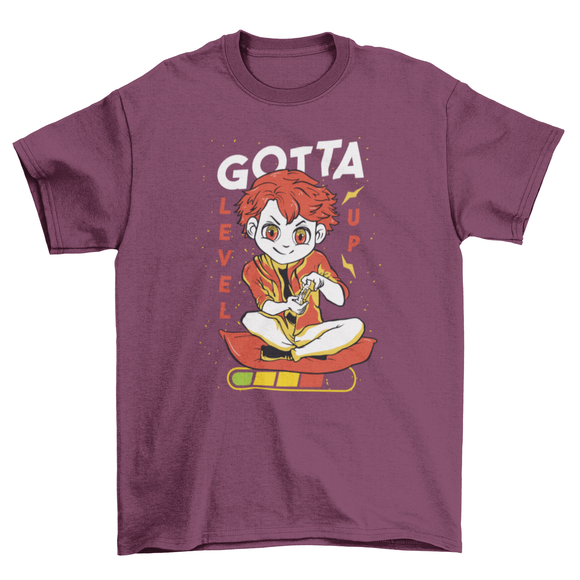 A cute boy playing video games with a joystick, wearing a t-shirt that says 'Gotta level up'.