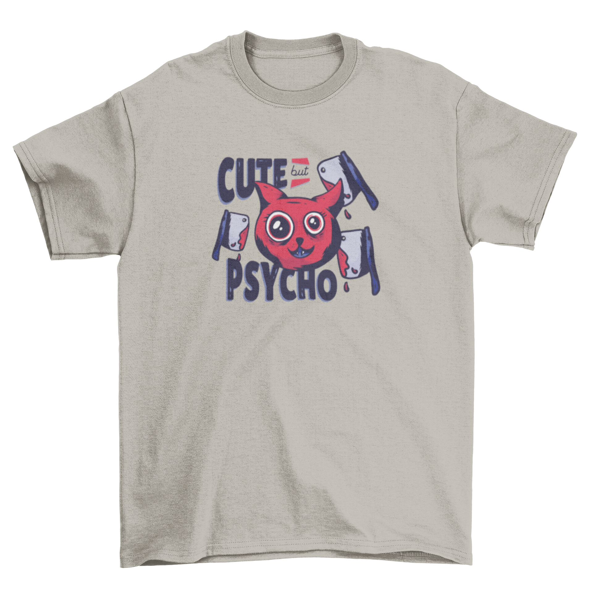 Cute But Psycho Cat t-shirt featuring a playful cat with butcher knives and a humorous caption.