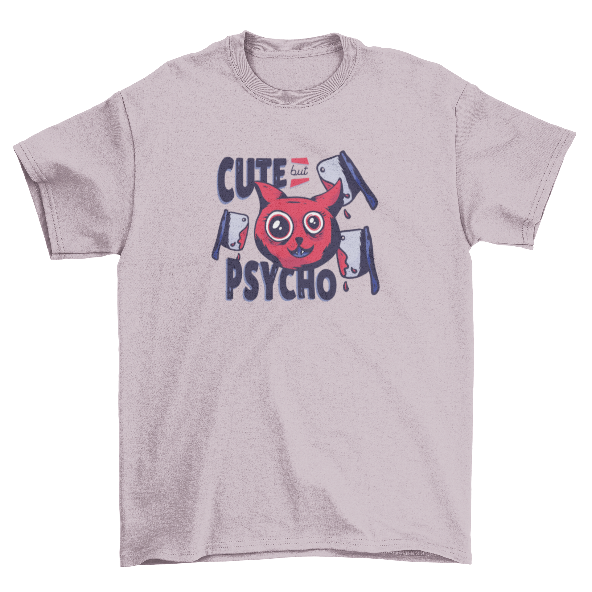 Cute But Psycho Cat t-shirt featuring a playful cat with butcher knives and a humorous caption.