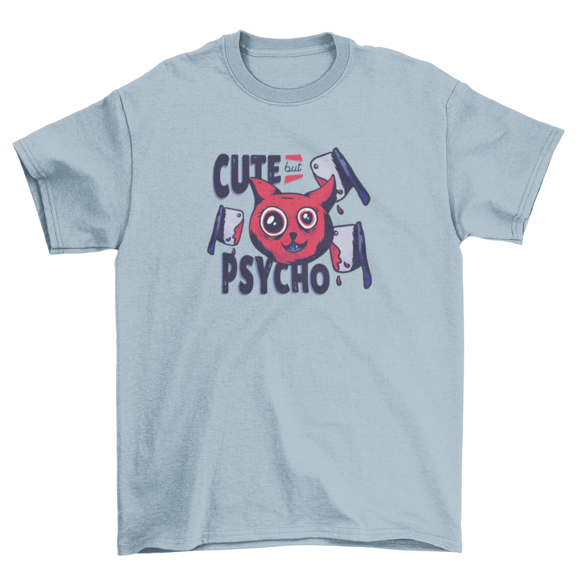 Cute But Psycho Cat t-shirt featuring a playful cat with butcher knives and a humorous caption.