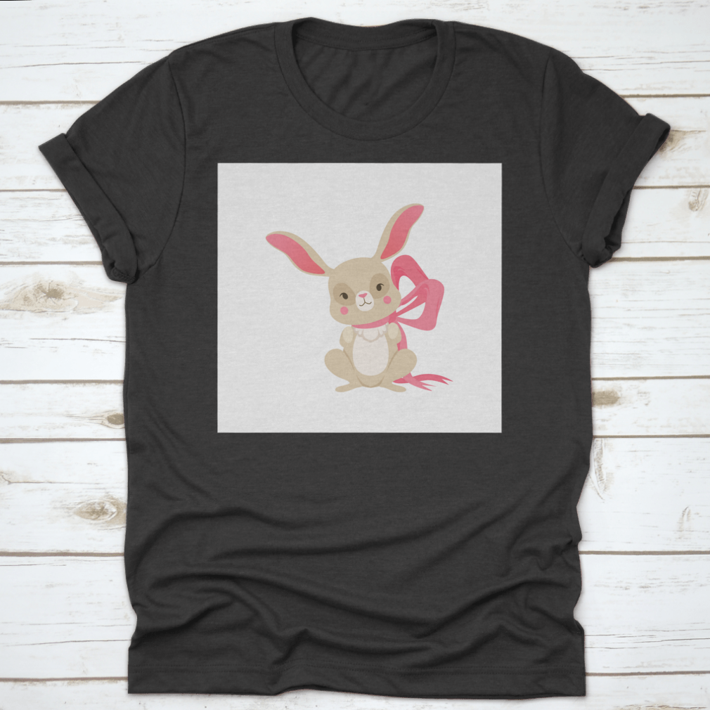 Cute cartoon bunny character wearing a pink ribbon, showcasing a fun and happy design.