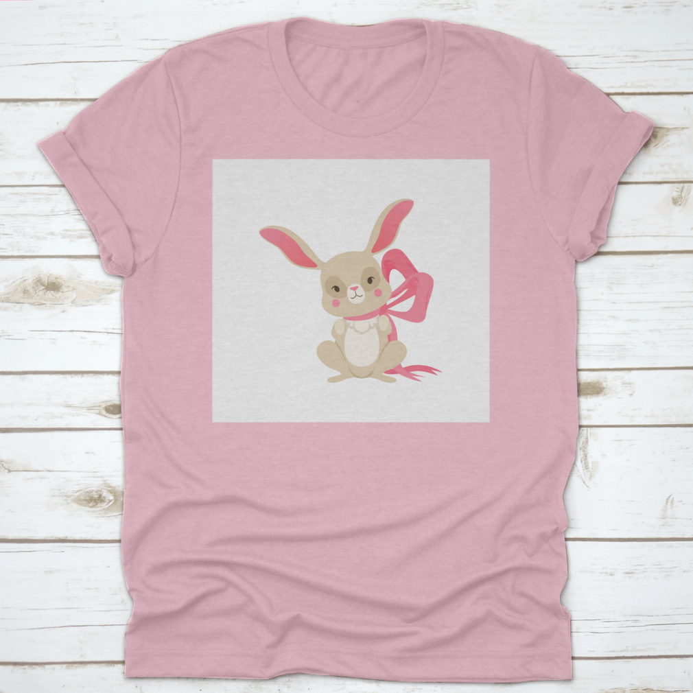 Cute cartoon bunny character wearing a pink ribbon, showcasing a fun and happy design.