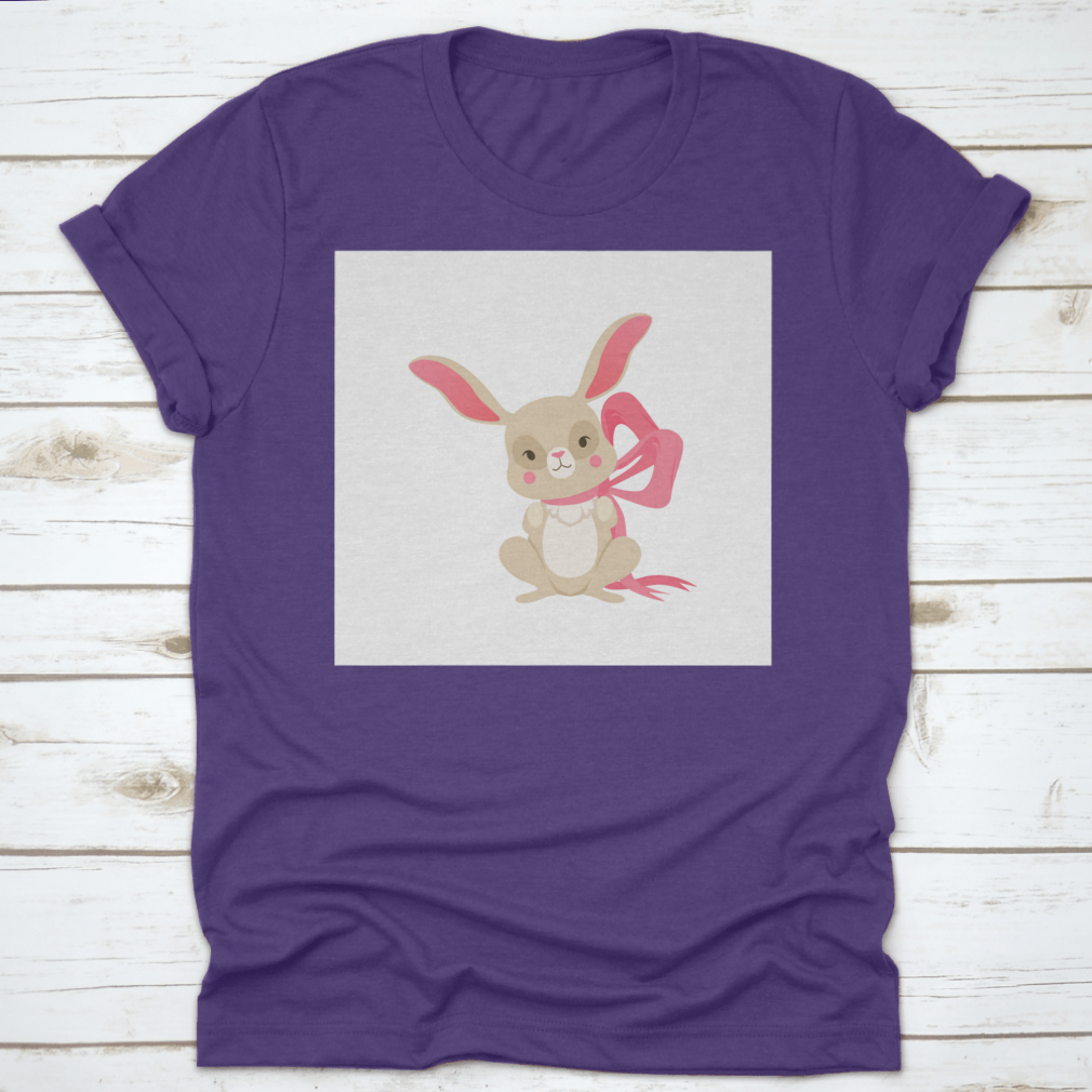 Cute cartoon bunny character wearing a pink ribbon, showcasing a fun and happy design.
