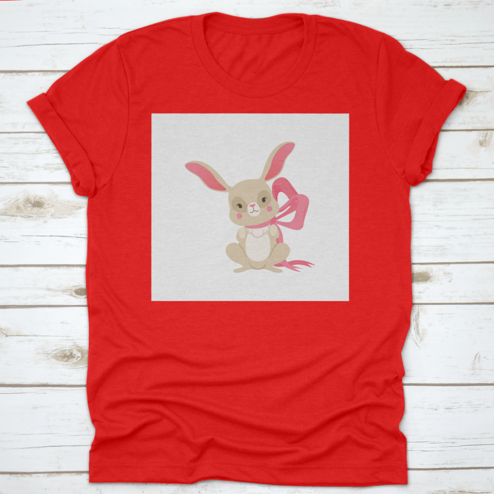Cute cartoon bunny character wearing a pink ribbon, showcasing a fun and happy design.
