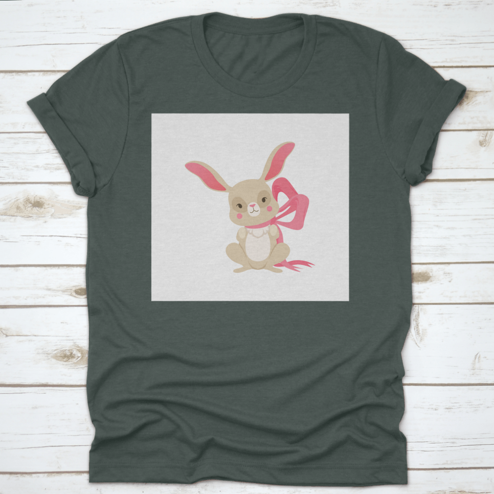 Cute cartoon bunny character wearing a pink ribbon, showcasing a fun and happy design.