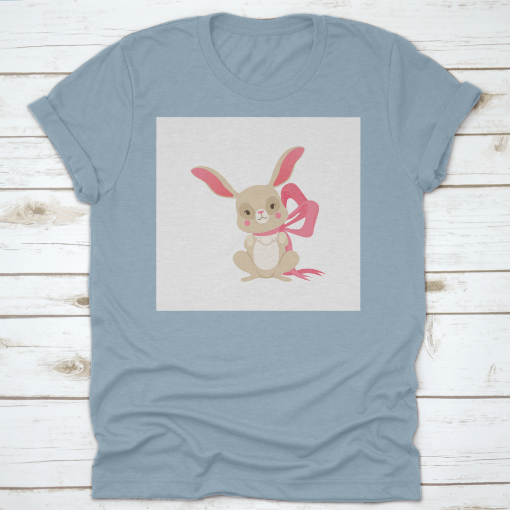 Cute cartoon bunny character wearing a pink ribbon, showcasing a fun and happy design.