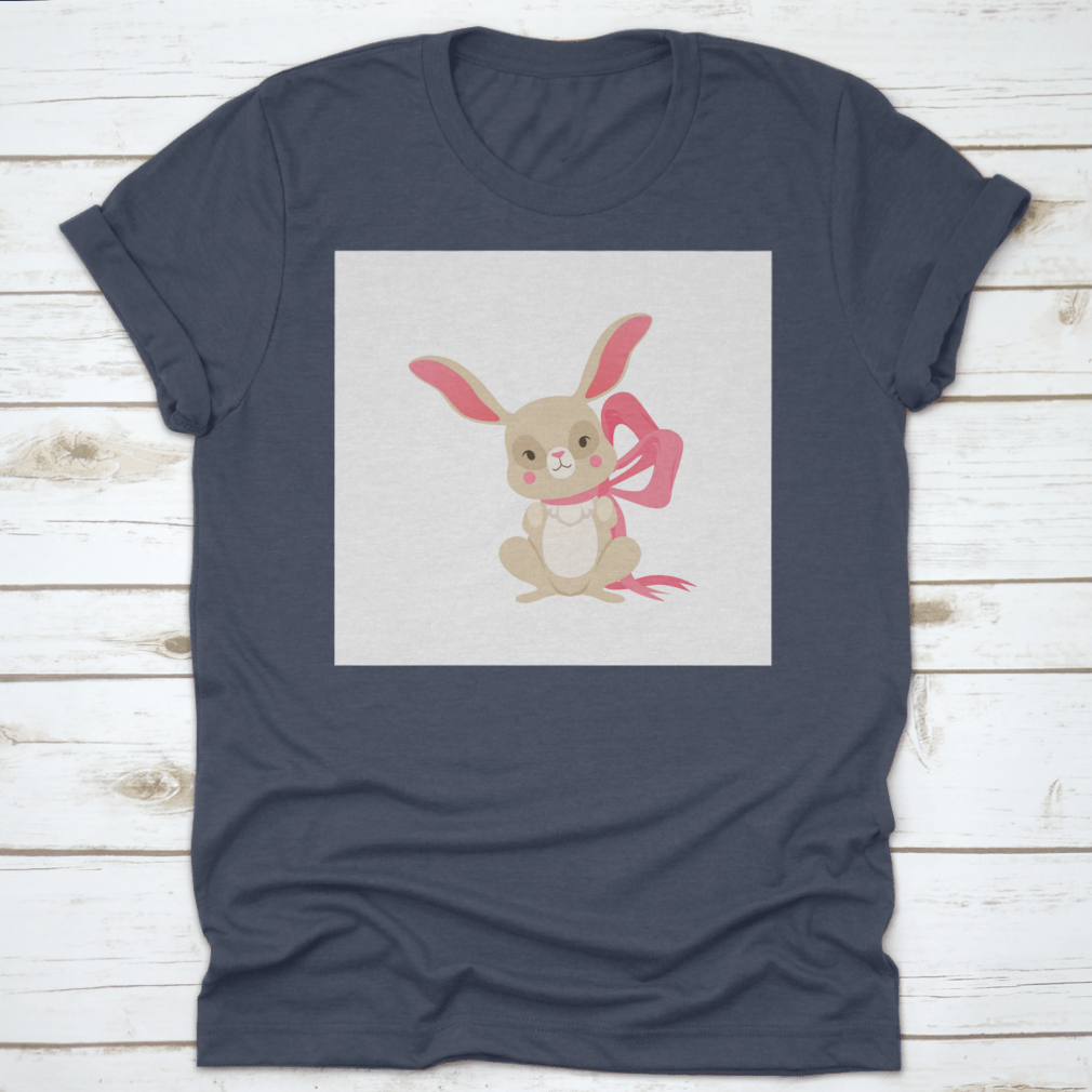 Cute cartoon bunny character wearing a pink ribbon, showcasing a fun and happy design.