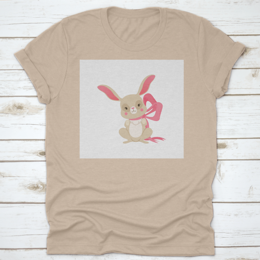 Cute cartoon bunny character wearing a pink ribbon, showcasing a fun and happy design.
