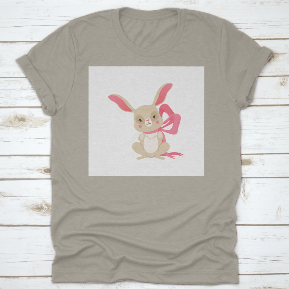 Cute cartoon bunny character wearing a pink ribbon, showcasing a fun and happy design.