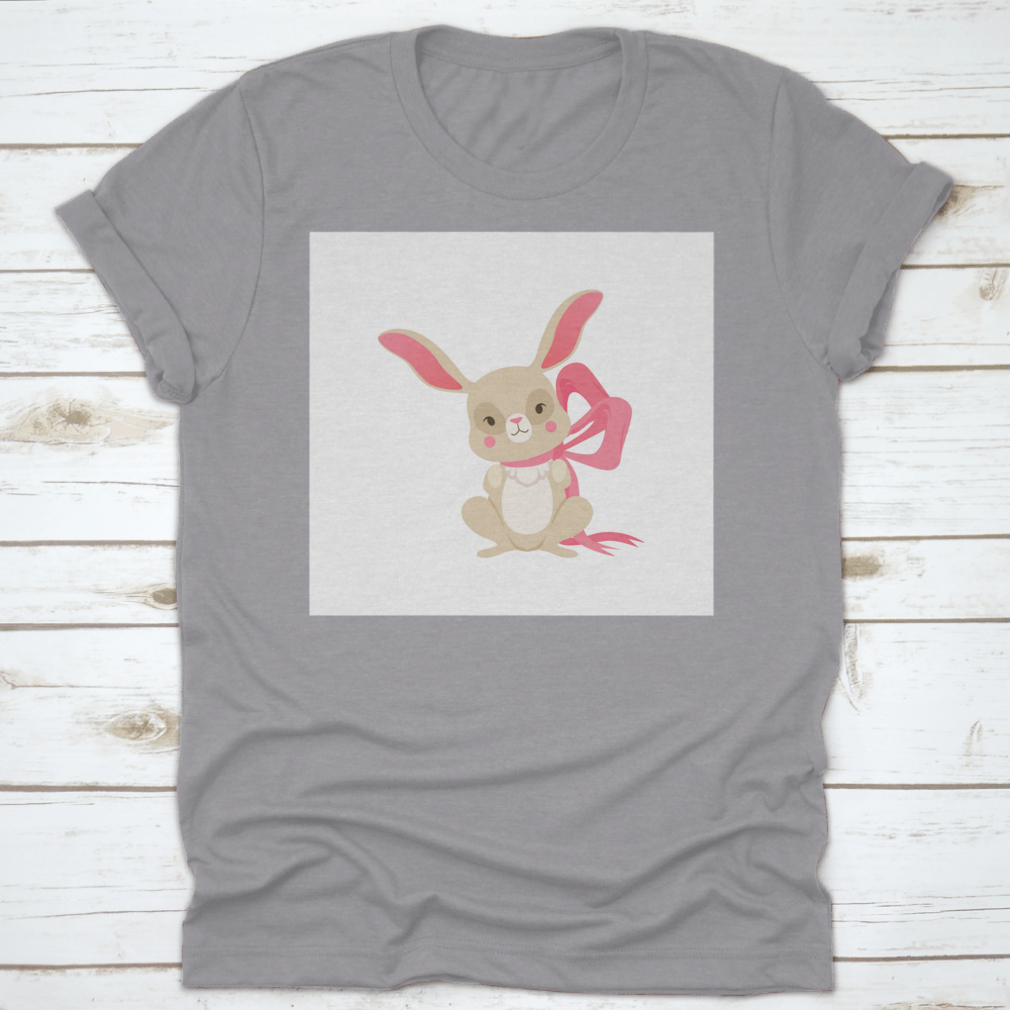 Cute cartoon bunny character wearing a pink ribbon, showcasing a fun and happy design.