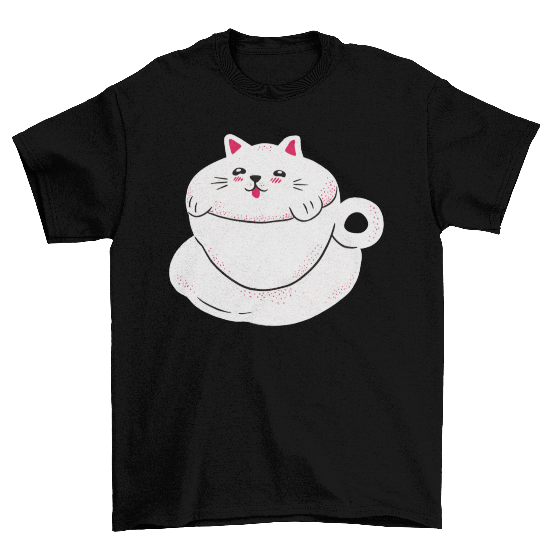 Cute Cat Coffee T-shirt featuring a cartoon cat on a coffee cup, perfect for cat lovers.