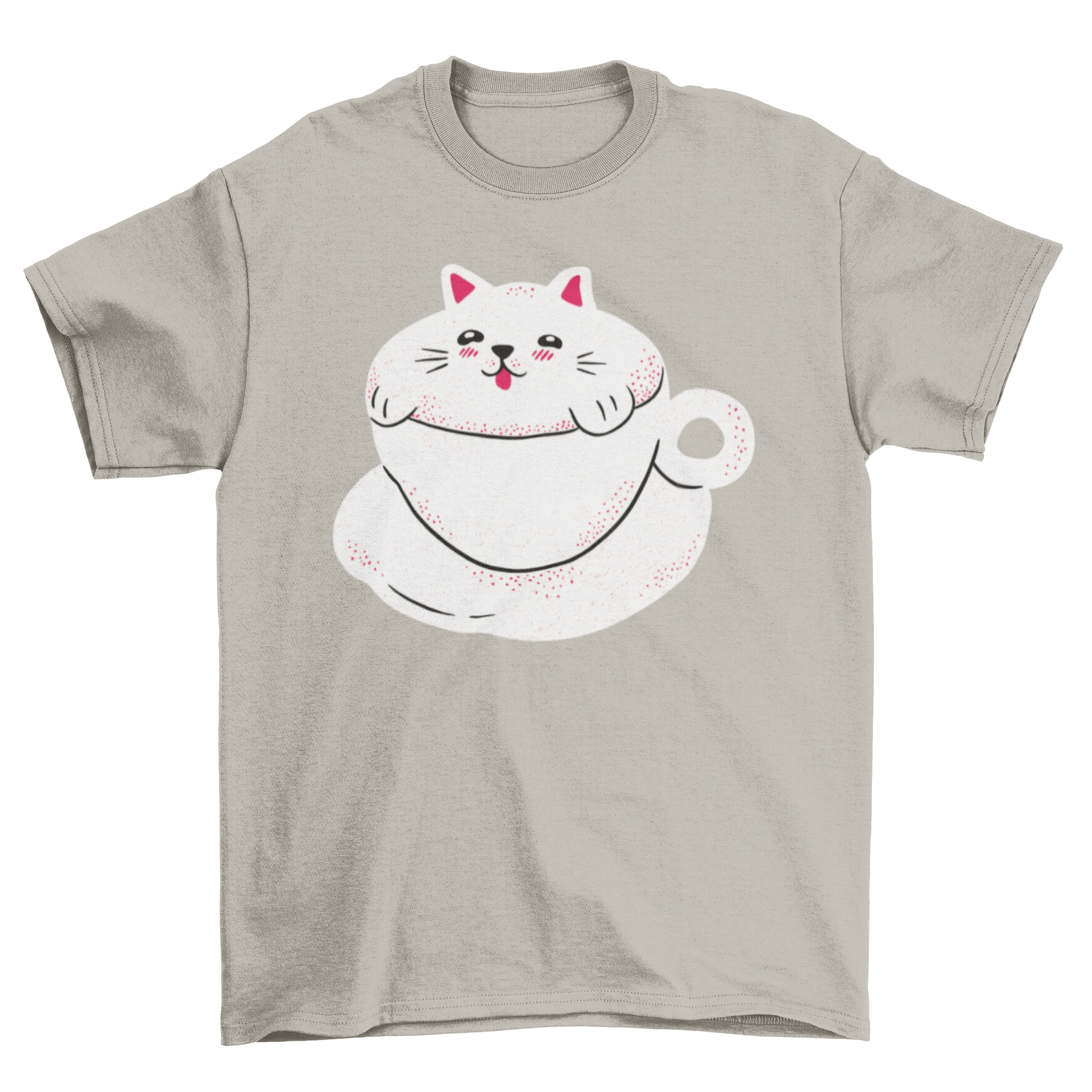 Cute Cat Coffee T-shirt featuring a cartoon cat on a coffee cup, perfect for cat lovers.
