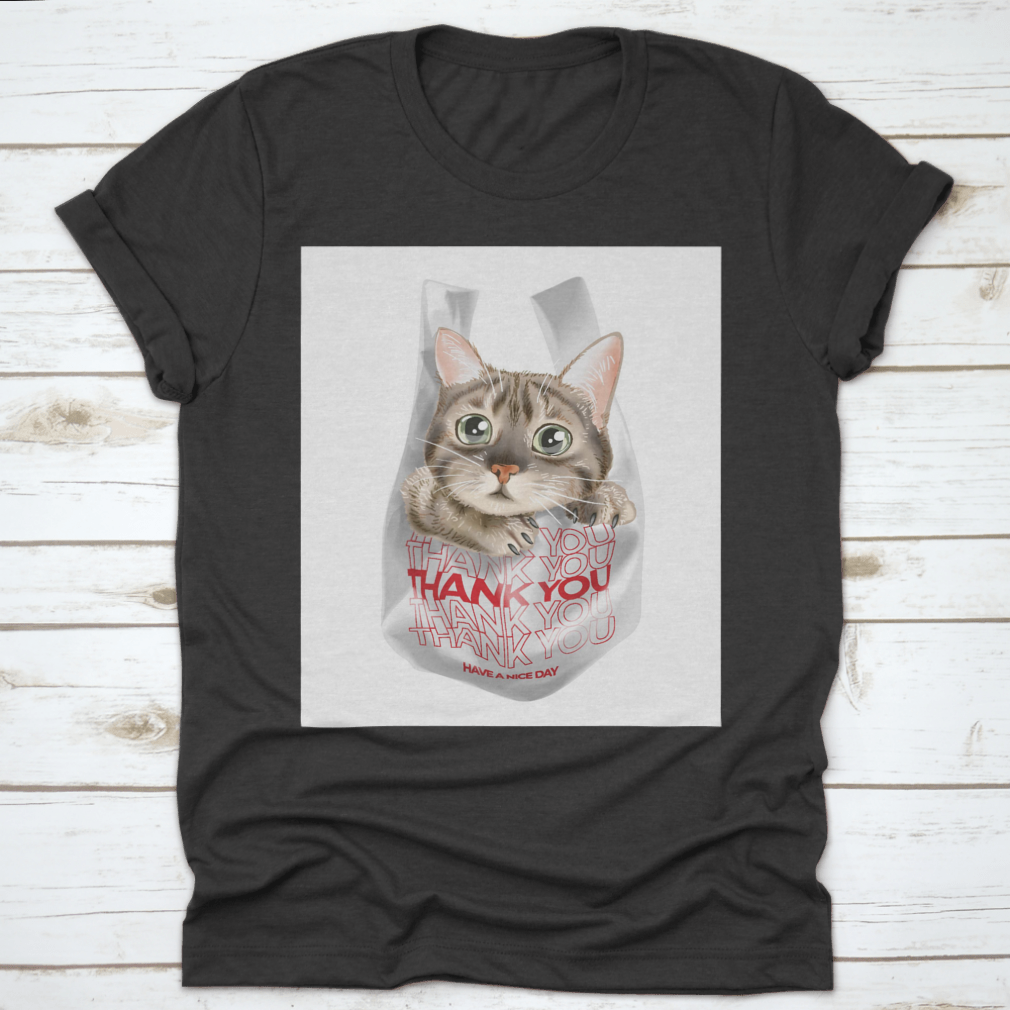 Cute cat illustration on a white plastic bag t-shirt, showcasing a playful design perfect for cat lovers.