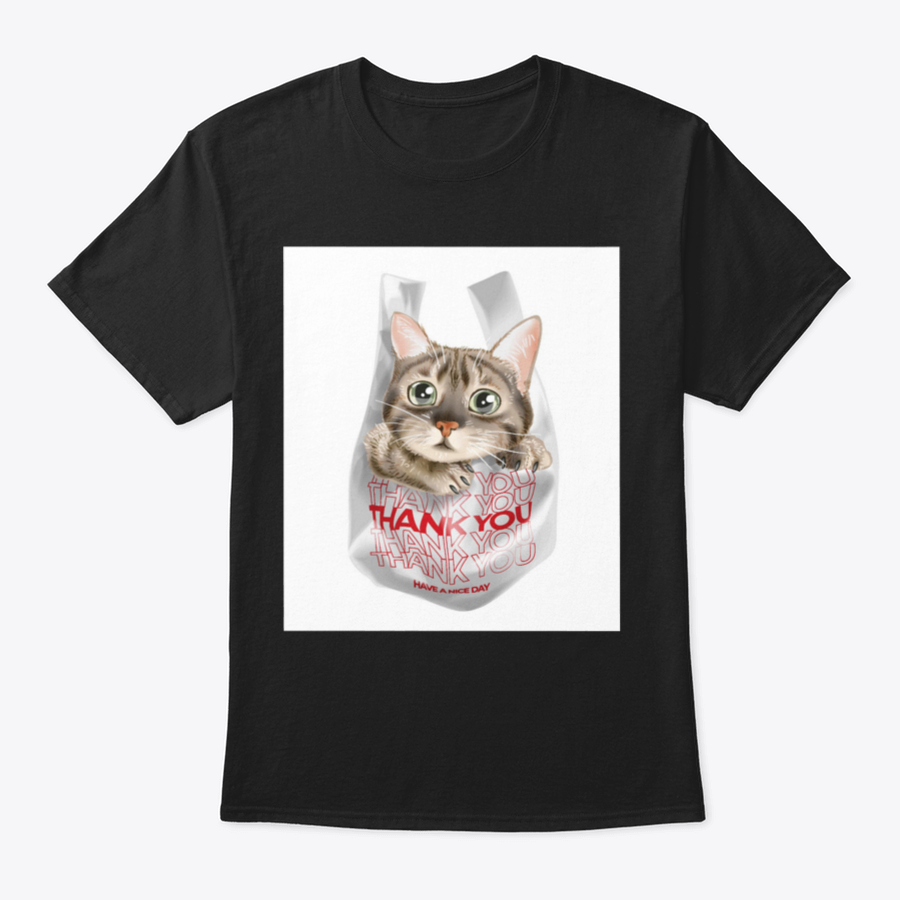 Cute cat illustration on a white plastic bag t-shirt, showcasing a playful design perfect for cat lovers.