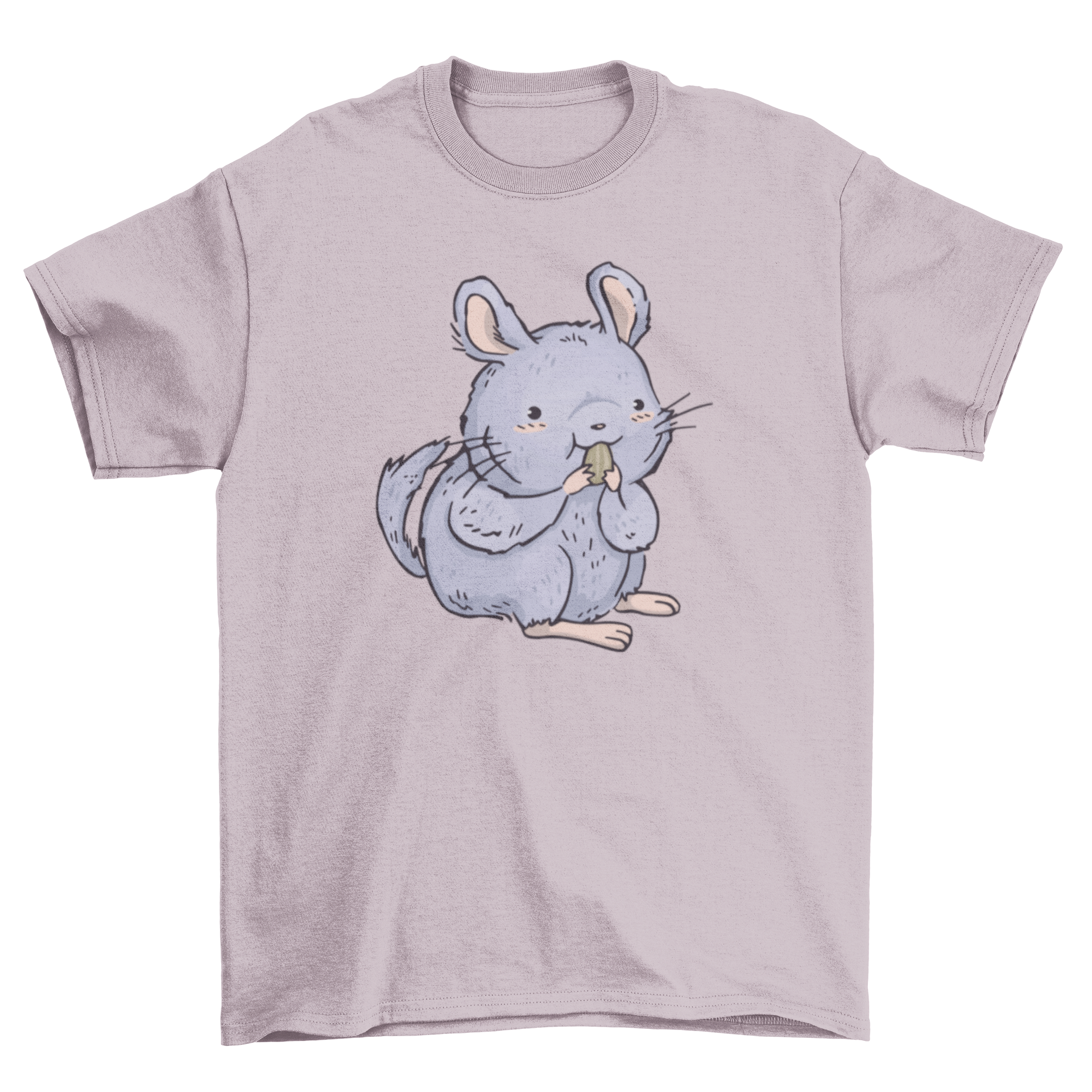 Cute t-shirt featuring a chinchilla character eating a seed, showcasing a playful design.