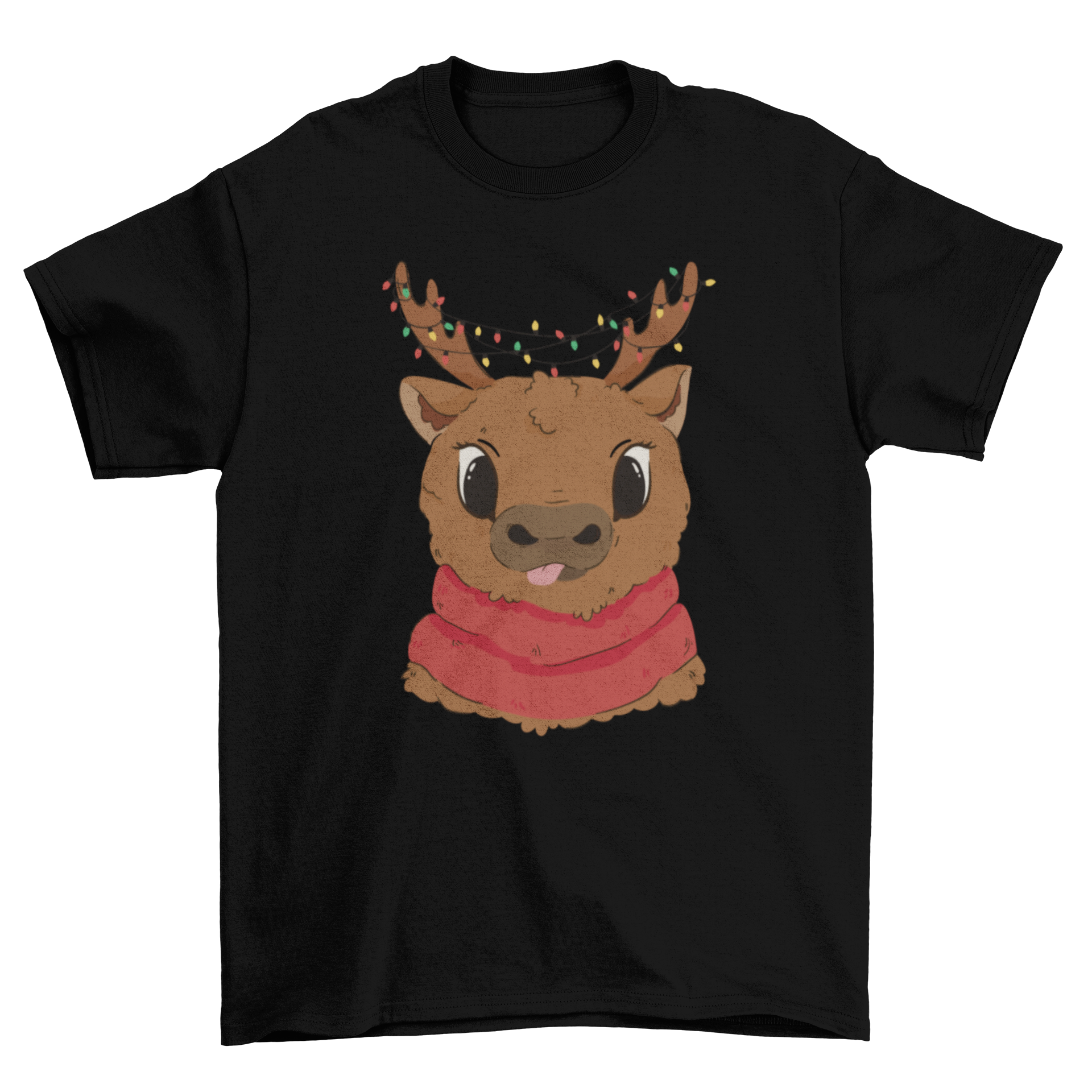 Cute Christmas reindeer t-shirt featuring a cheerful reindeer with colorful Christmas lights.