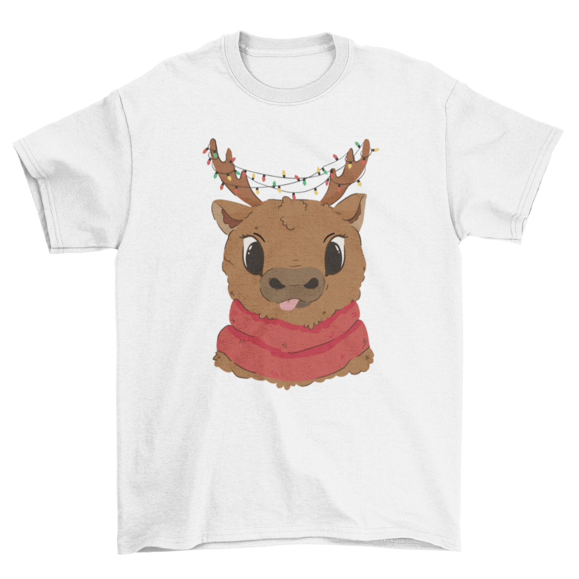 Cute Christmas reindeer t-shirt featuring a cheerful reindeer with colorful Christmas lights.