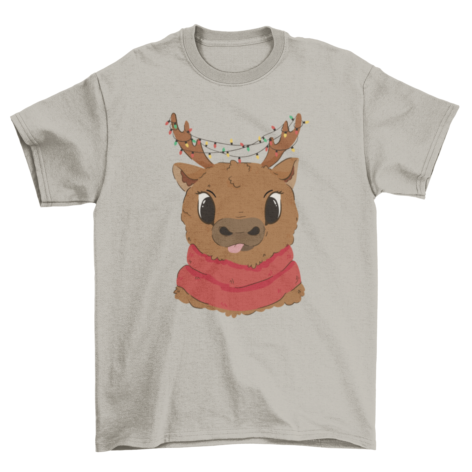 Cute Christmas reindeer t-shirt featuring a cheerful reindeer with colorful Christmas lights.