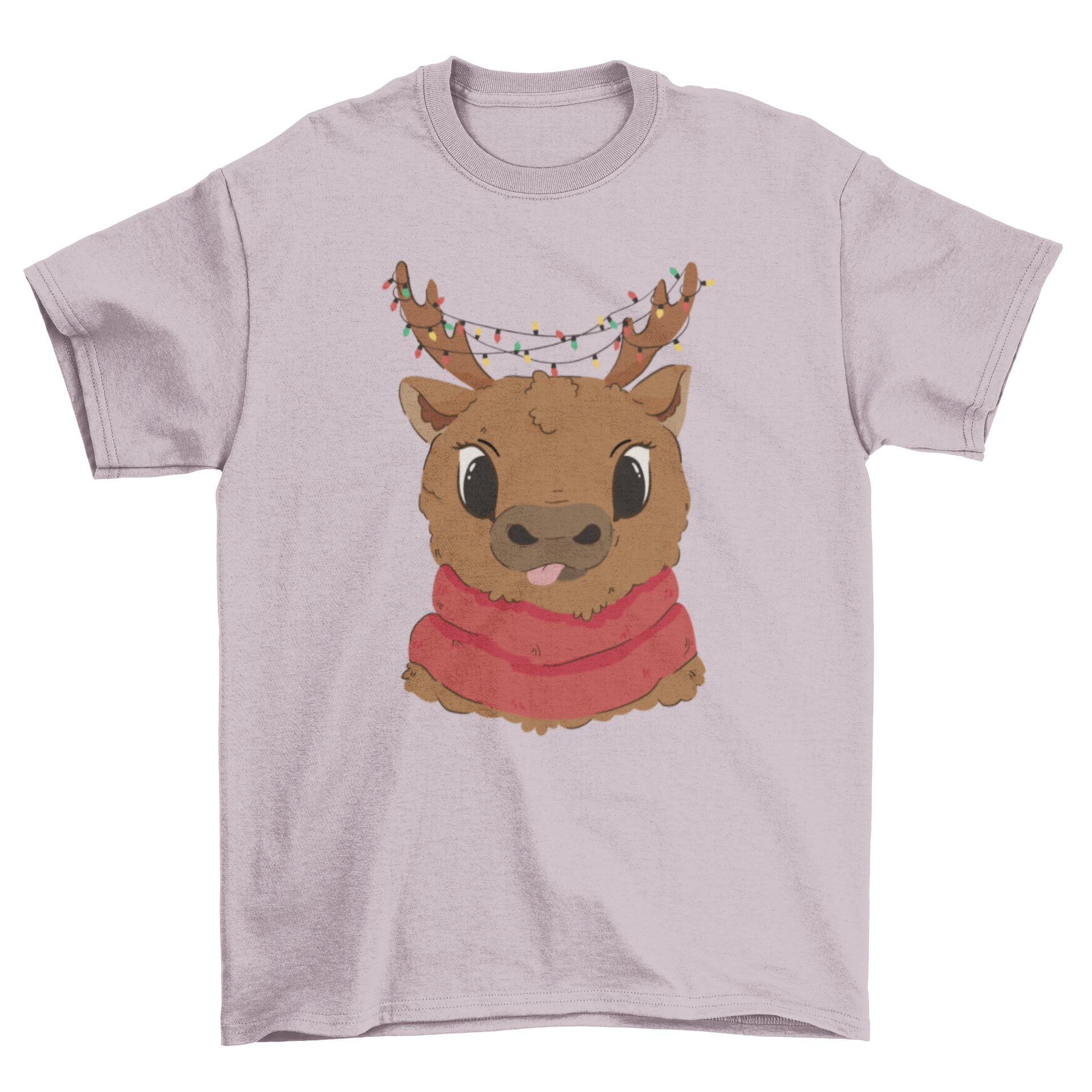 Cute Christmas reindeer t-shirt featuring a cheerful reindeer with colorful Christmas lights.