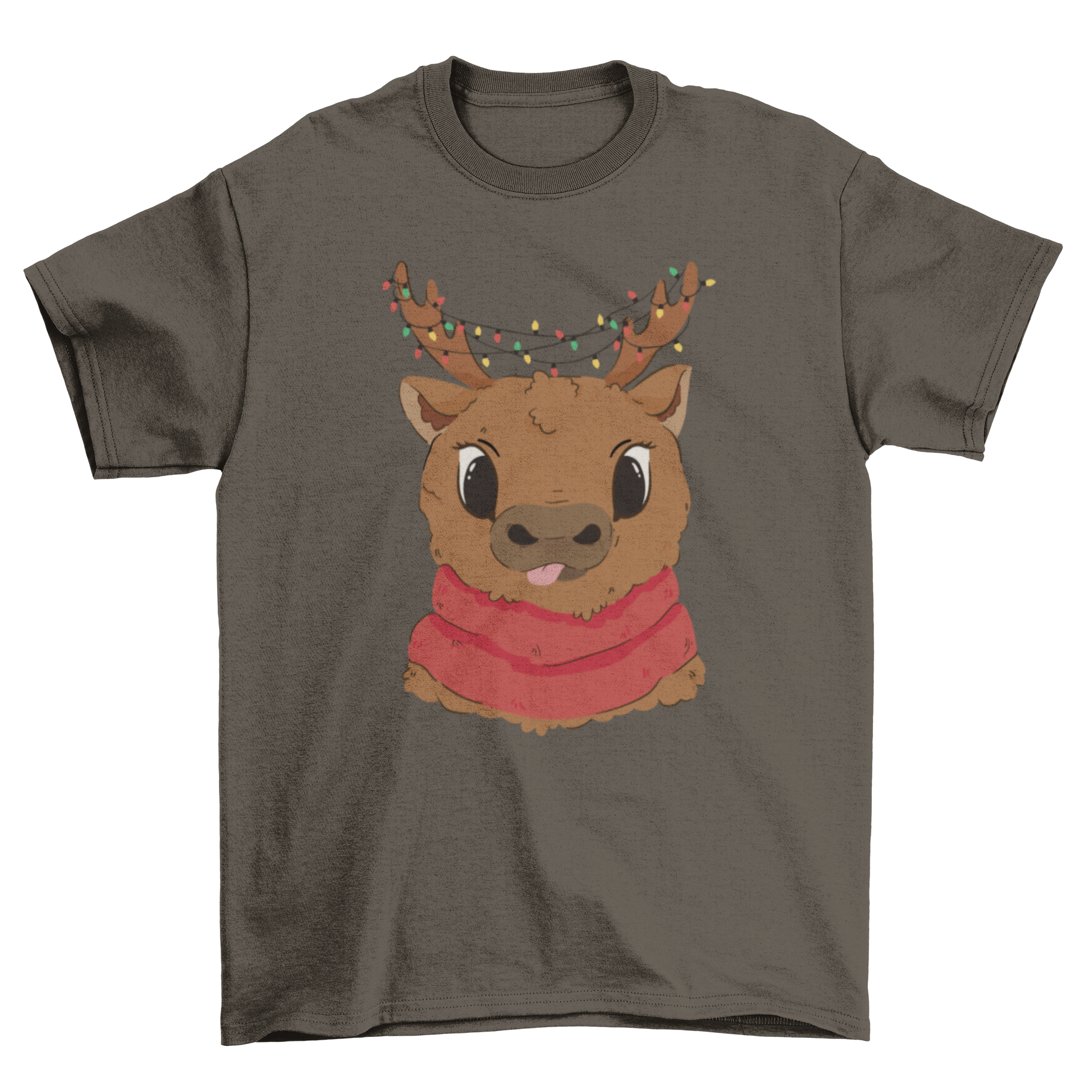 Cute Christmas reindeer t-shirt featuring a cheerful reindeer with colorful Christmas lights.