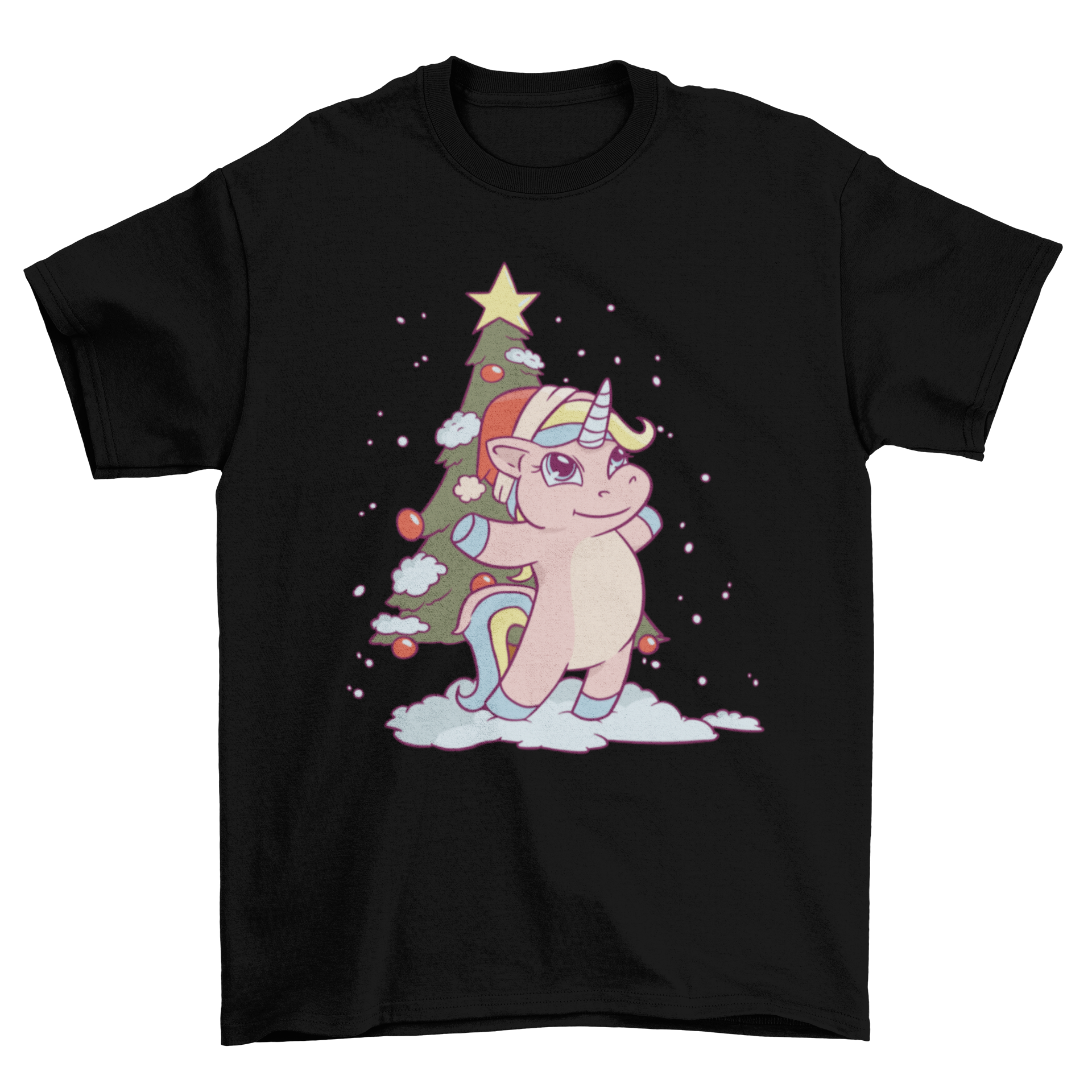 Cute Christmas unicorn cartoon t-shirt featuring a pink unicorn and a decorated Christmas tree design.