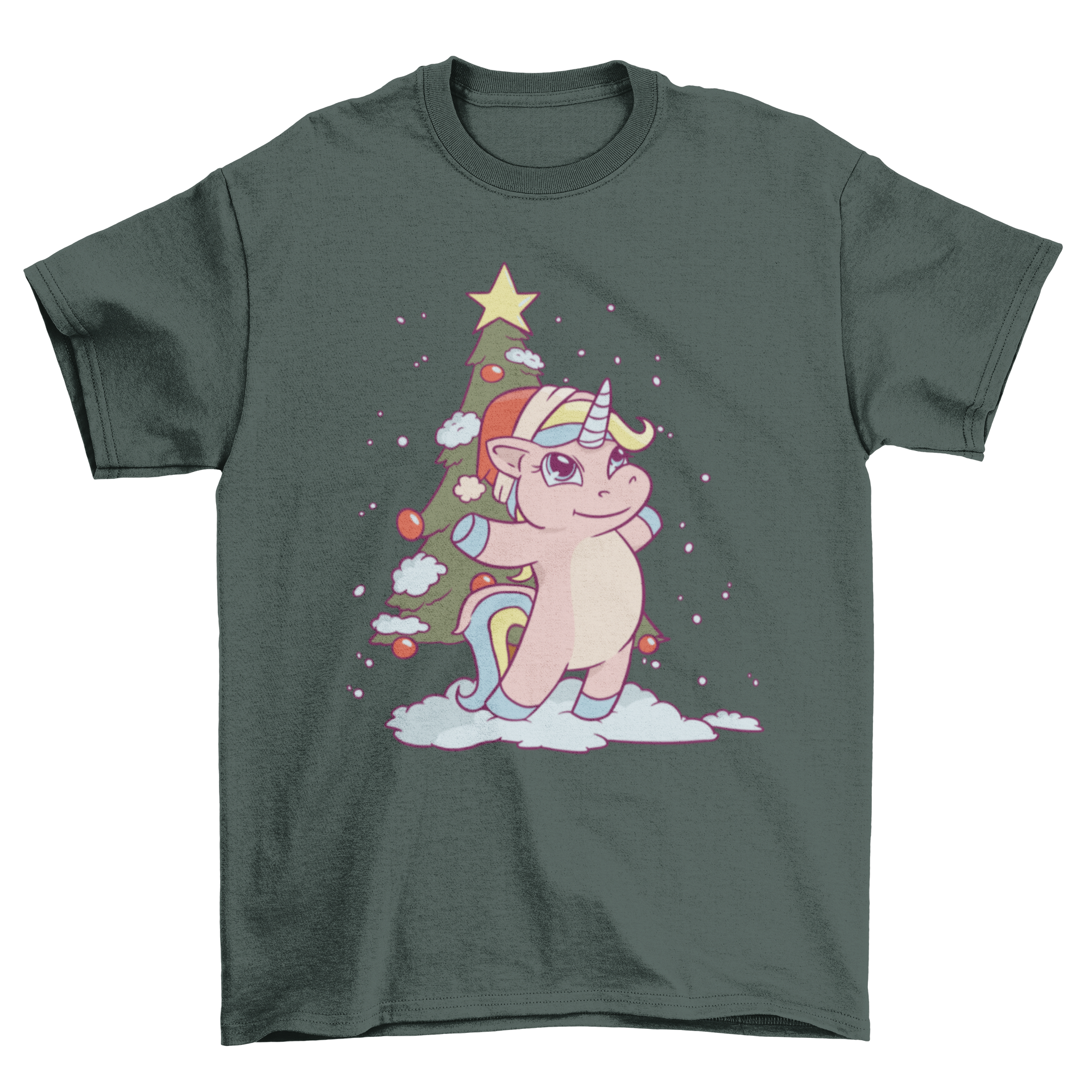 Cute Christmas unicorn cartoon t-shirt featuring a pink unicorn and a decorated Christmas tree design.