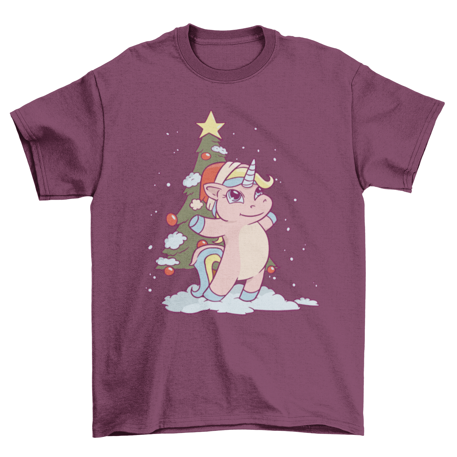 Cute Christmas unicorn cartoon t-shirt featuring a pink unicorn and a decorated Christmas tree design.