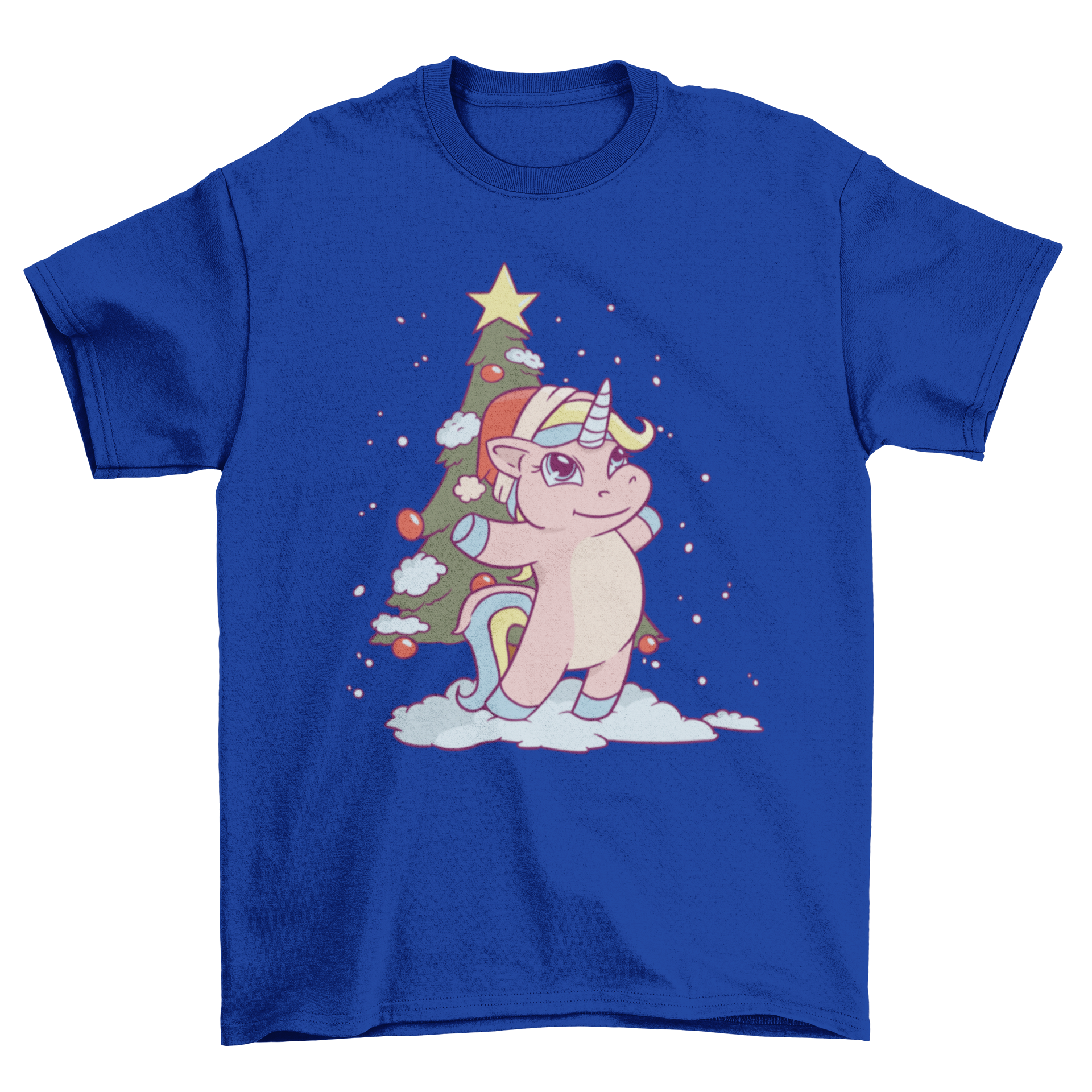 Cute Christmas unicorn cartoon t-shirt featuring a pink unicorn and a decorated Christmas tree design.