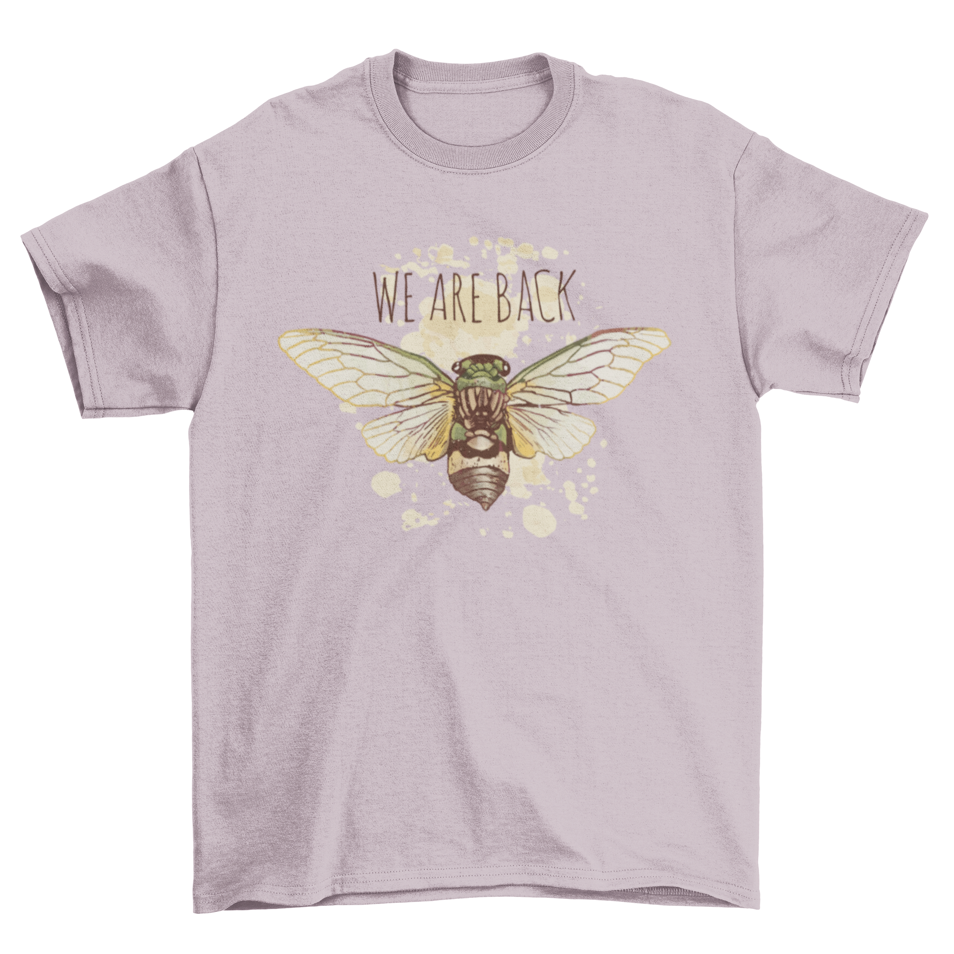 Cute Cicada watercolor t-shirt featuring the quote 'We are back', showcasing vibrant colors and artistic design.