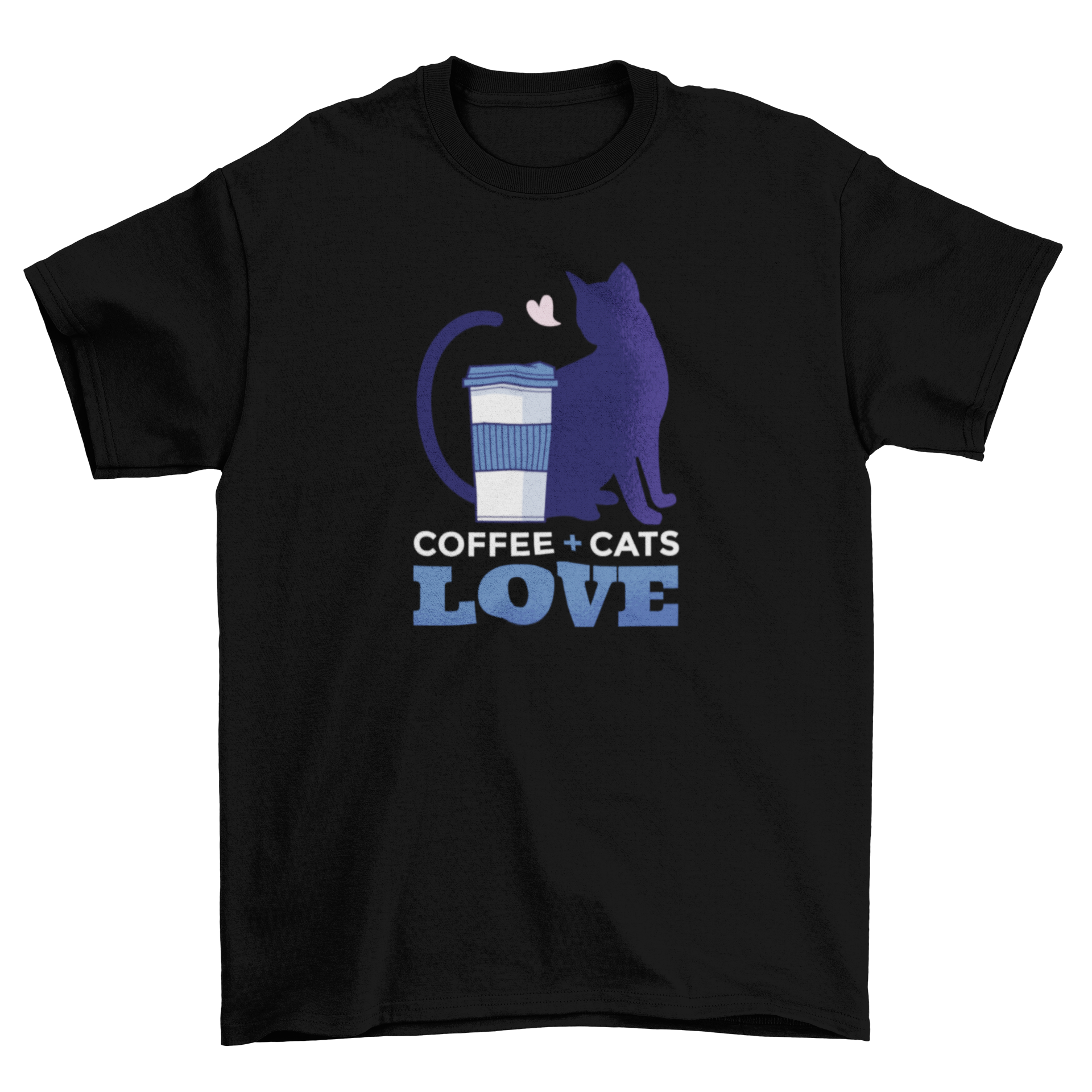 Cute coffee cup design with cat silhouette and quote 'Coffee + Cats Love' in colorful fonts.