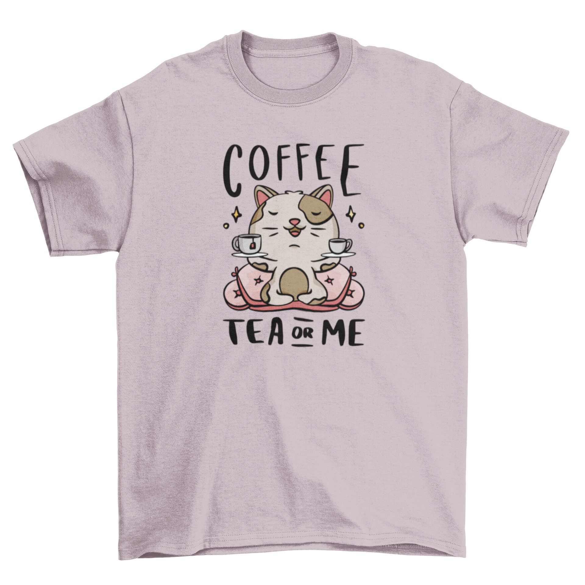 Cute coffee tea cat t-shirt featuring a playful cat and two cups with the quote 'Coffee tea or me'.