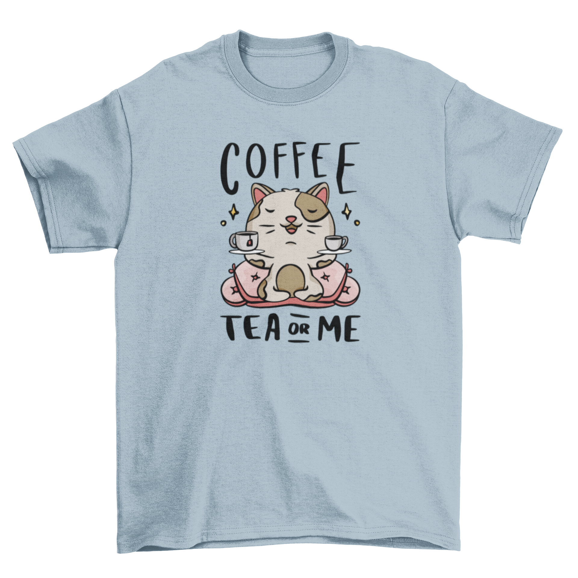 Cute coffee tea cat t-shirt featuring a playful cat and two cups with the quote 'Coffee tea or me'.