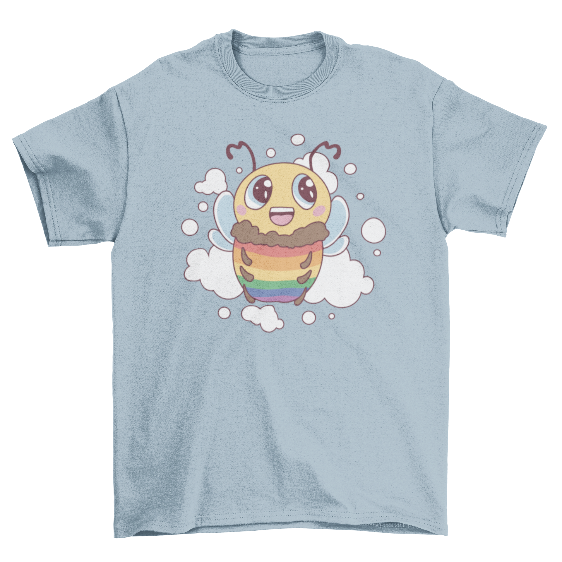 A colorful t-shirt featuring a cute bee design with the LGBT flag colors, symbolizing pride and inclusivity.